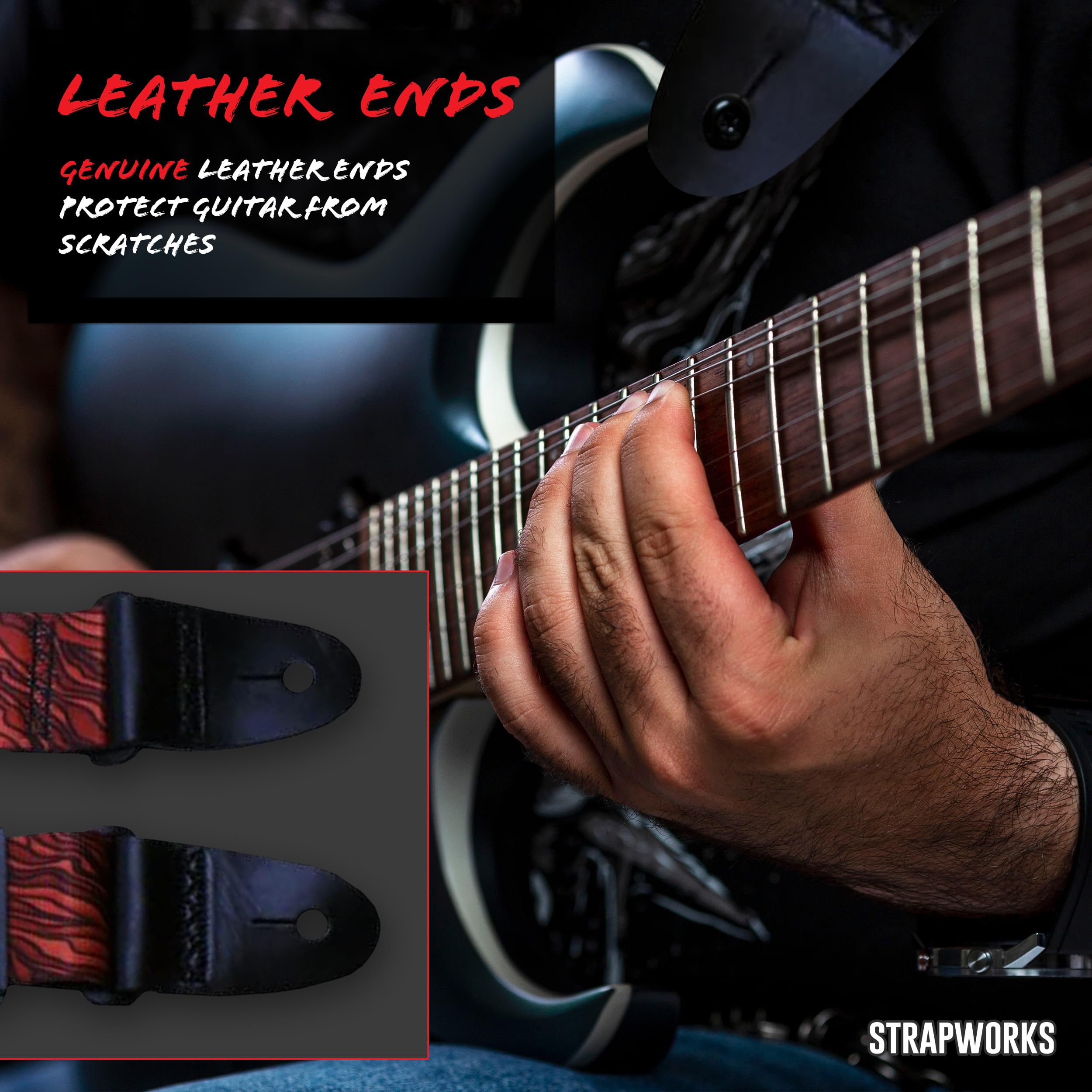 Killer-Q Guitar Strap - Stylish Straps for Electric and Acoustic Guitars With Leather Tabs, 2 Inches x 5 Feet, Hot Lava
