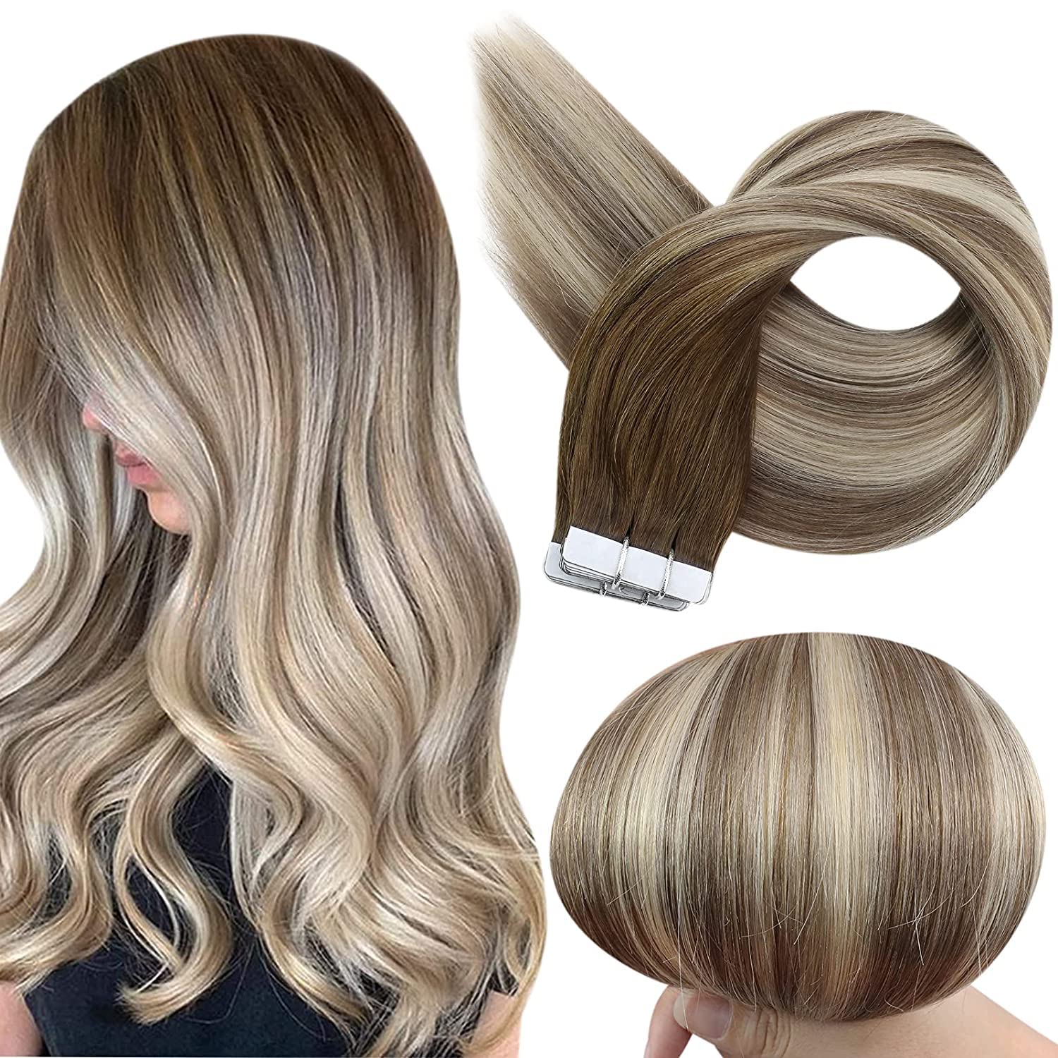 Full Shine Tape In Hair Extensions Human Hair 22 Inch Adhesive Hair Extensions Dark Roots Balayage Color 3 8 22 Blonde Double Si