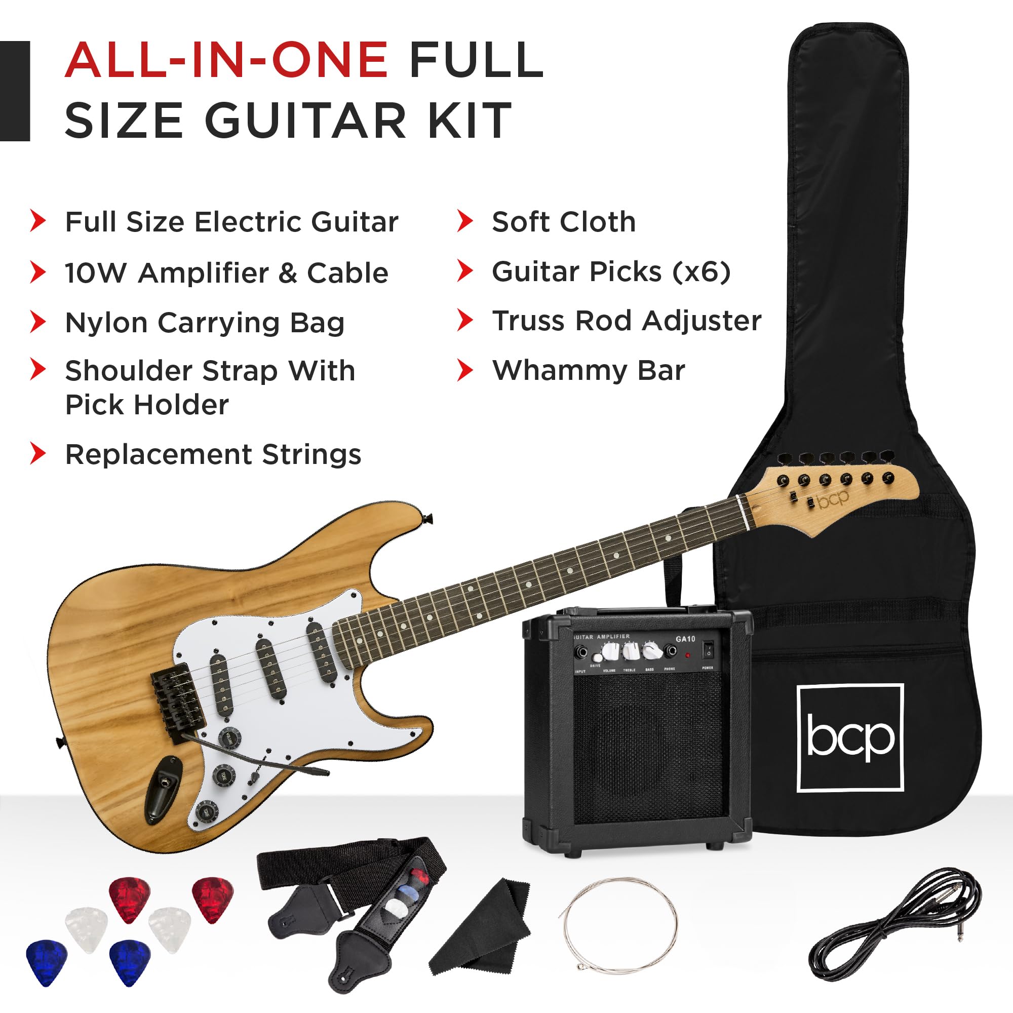 Best Choice Products 39in Full Size Beginner Electric Guitar Starter Kit w/Case, Strap, 10W Amp, Strings, Pick, Tremolo Bar - Na