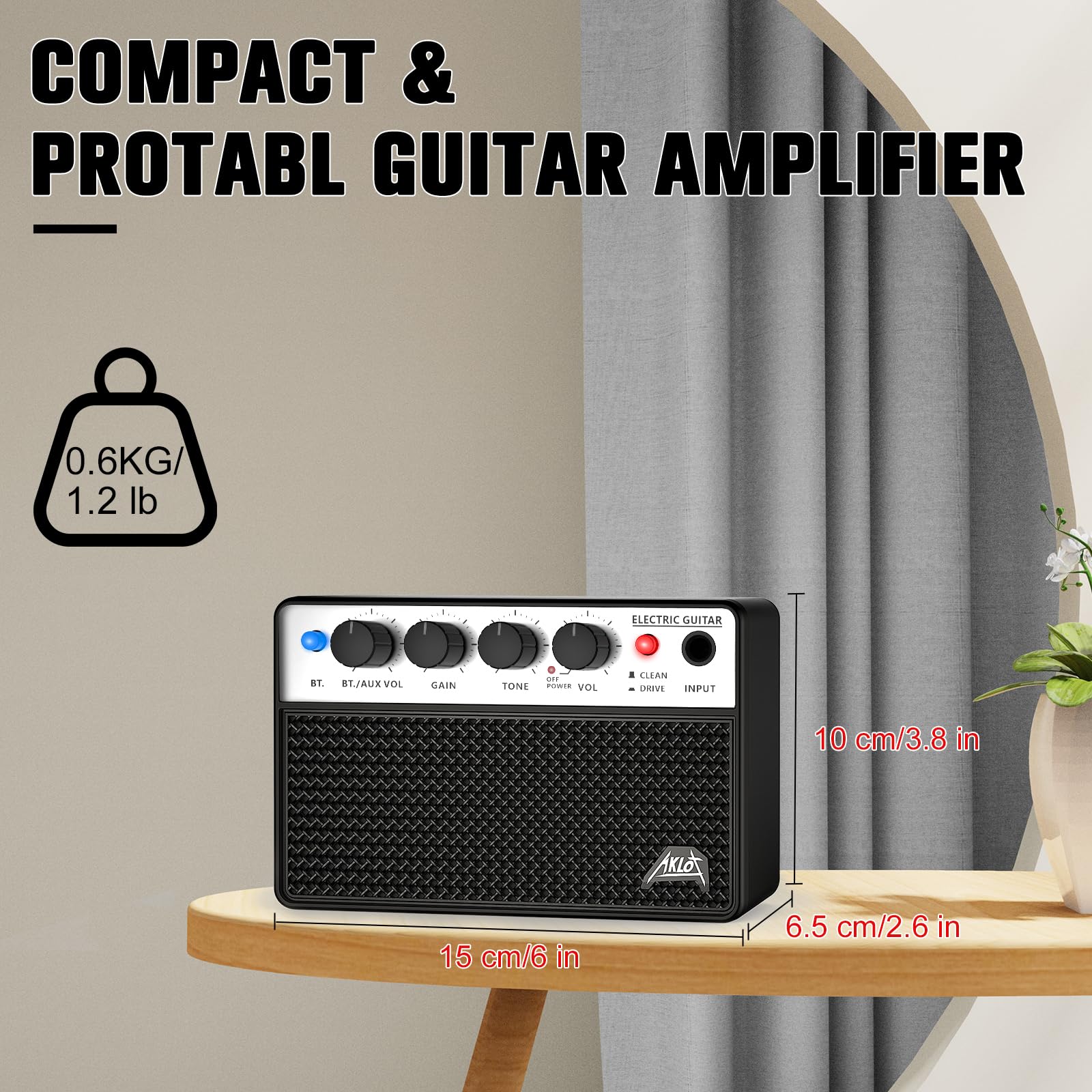 AKLOT Mini Bass Amp Small Bass Guitar Amplifier 10W Portable Recharged Electric Bass Amp BT Speaker with Dual Channel & Aux in J