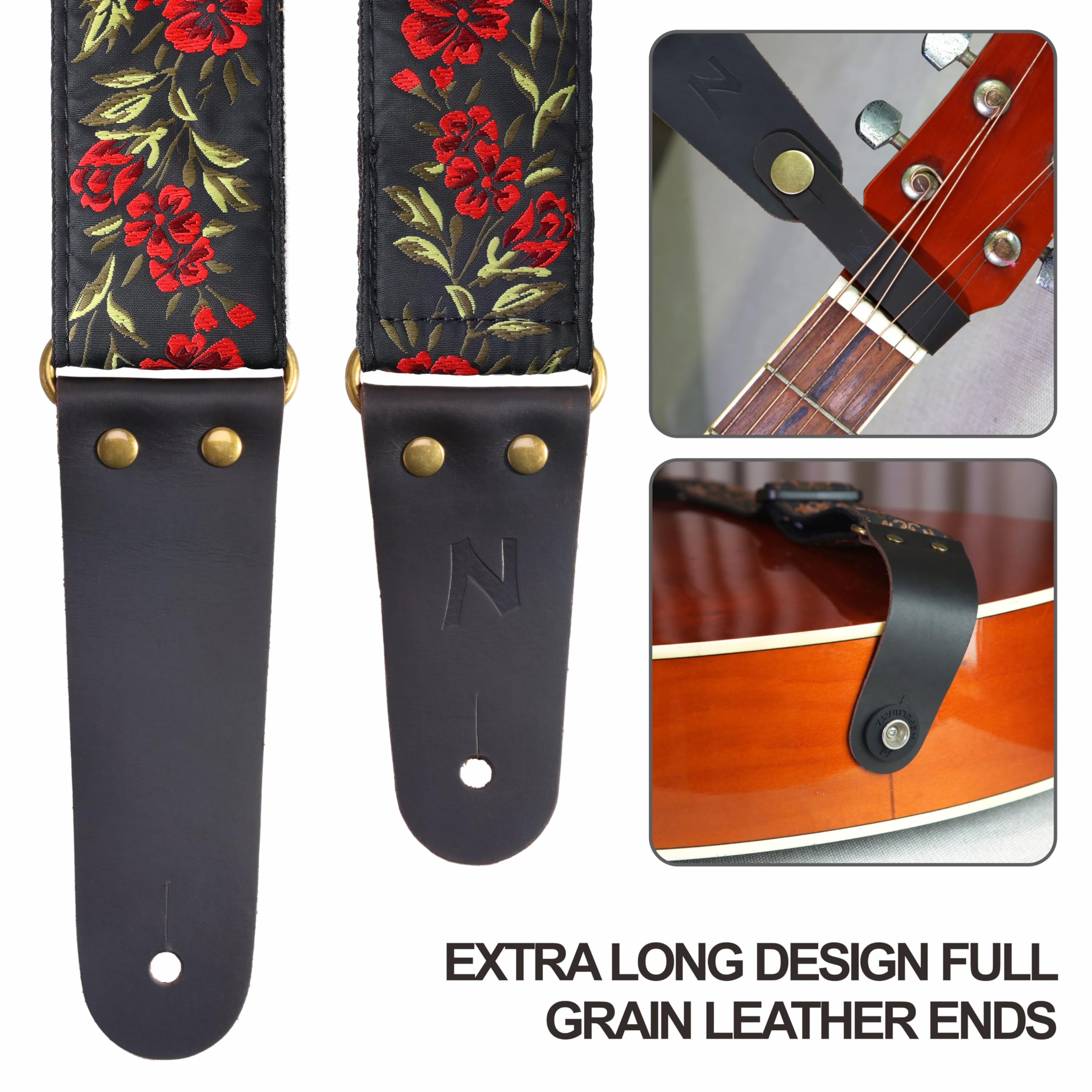 Nefelibata Guitar Strap, 2'' Cotton Embroidery Guitar Straps, Full Grain Leather Ends with Invisible Pocket, for Bass, Electric