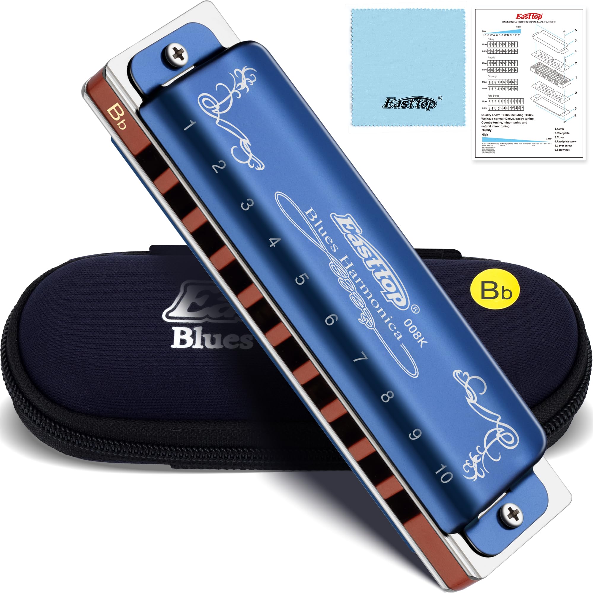 East top Diatonic Harmonica Key of Bb, 10 Holes 20 Tones 008K Diatonic Blues Harp Mouth Organ Harmonica with Blue Case, Standard