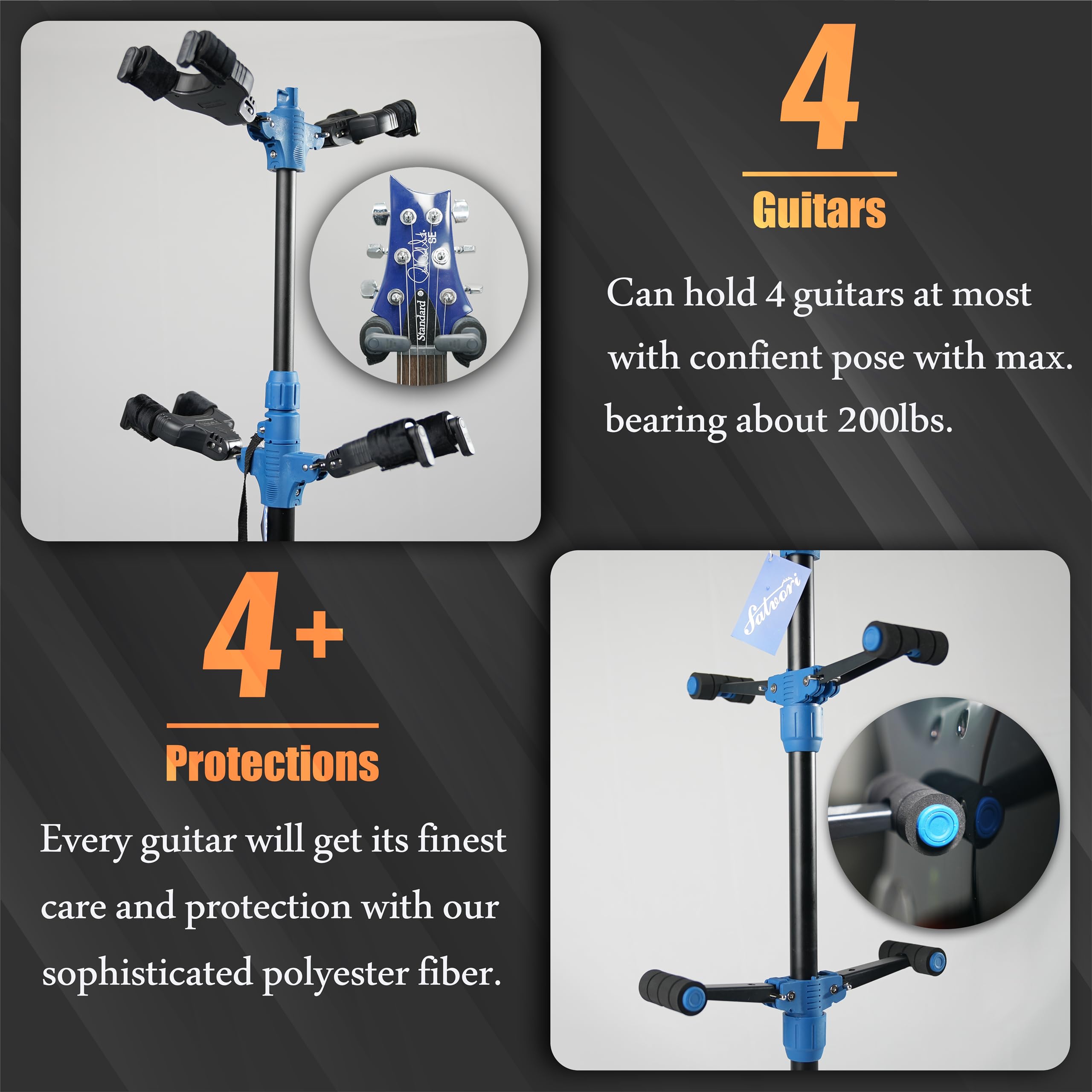 Salvori Folding Quadruple Guitar Stand with Auto-Lock System and Soild Tripod, Quadruple/Multiple Guitar Stand/Holder/Rack for S