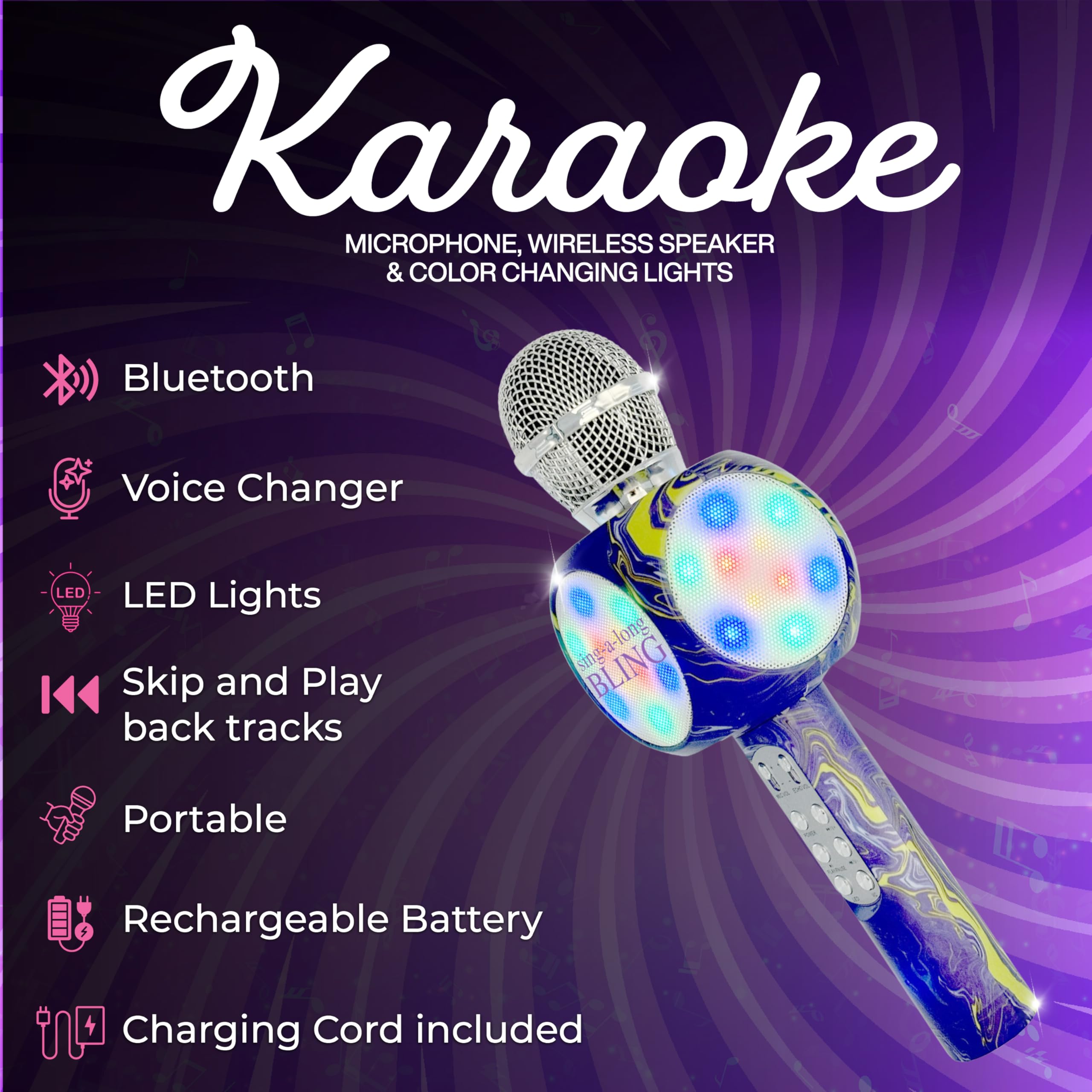 Wireless Express - Sing-Along Bling Bluetooth Karaoke Microphone and Bluetooth Stereo Speaker All-in-One (Swirl Purple)