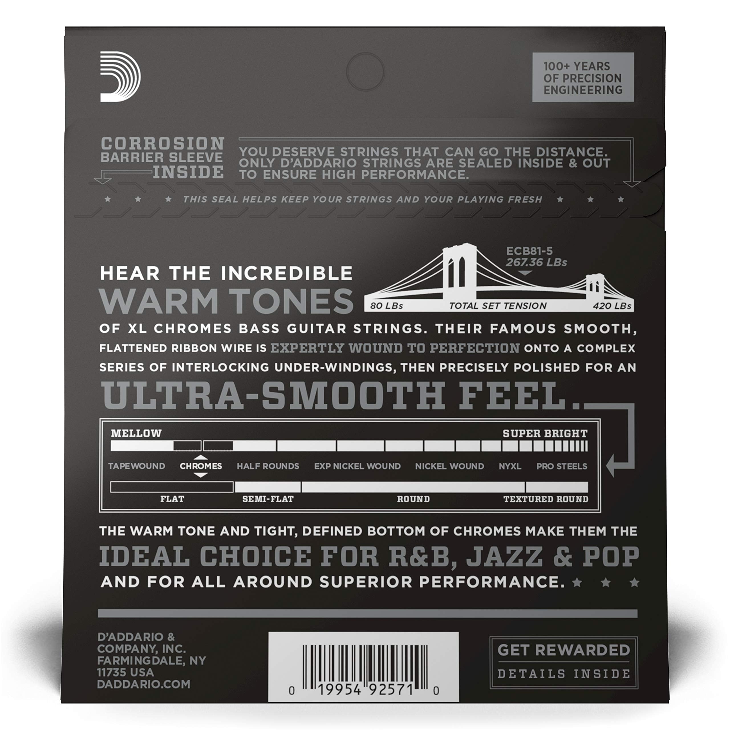 D'Addario XL Chromes Flat Wound Bass Guitar Strings - ECB81-5 - 5 String - Long Scale - Regular Light, 45-132
