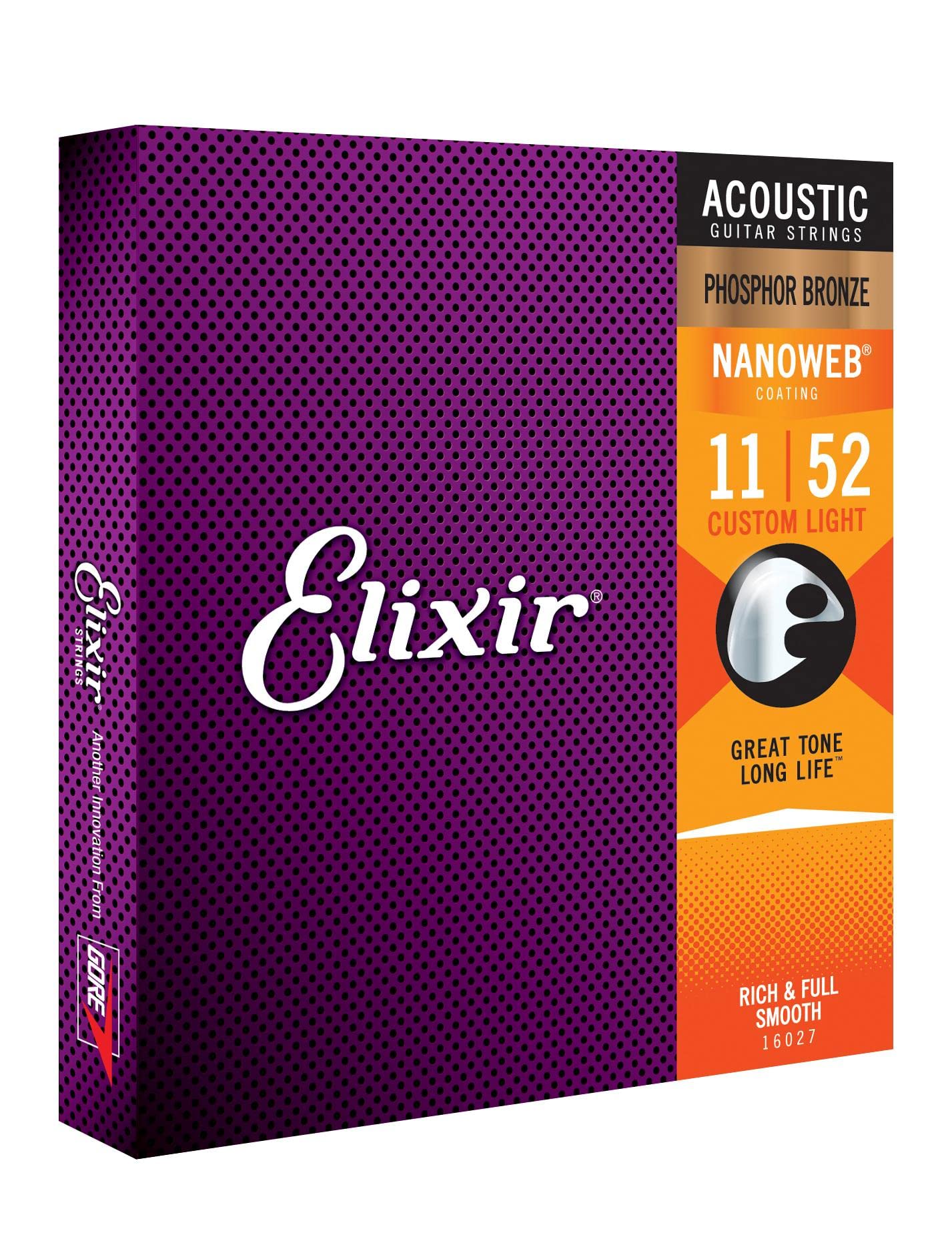Elixir Phosphor Bronze Nanoweb 16027 Custom Light 11-52 Acoustic Guitar Strings 3-Pack w/Bonus Elixir Pick