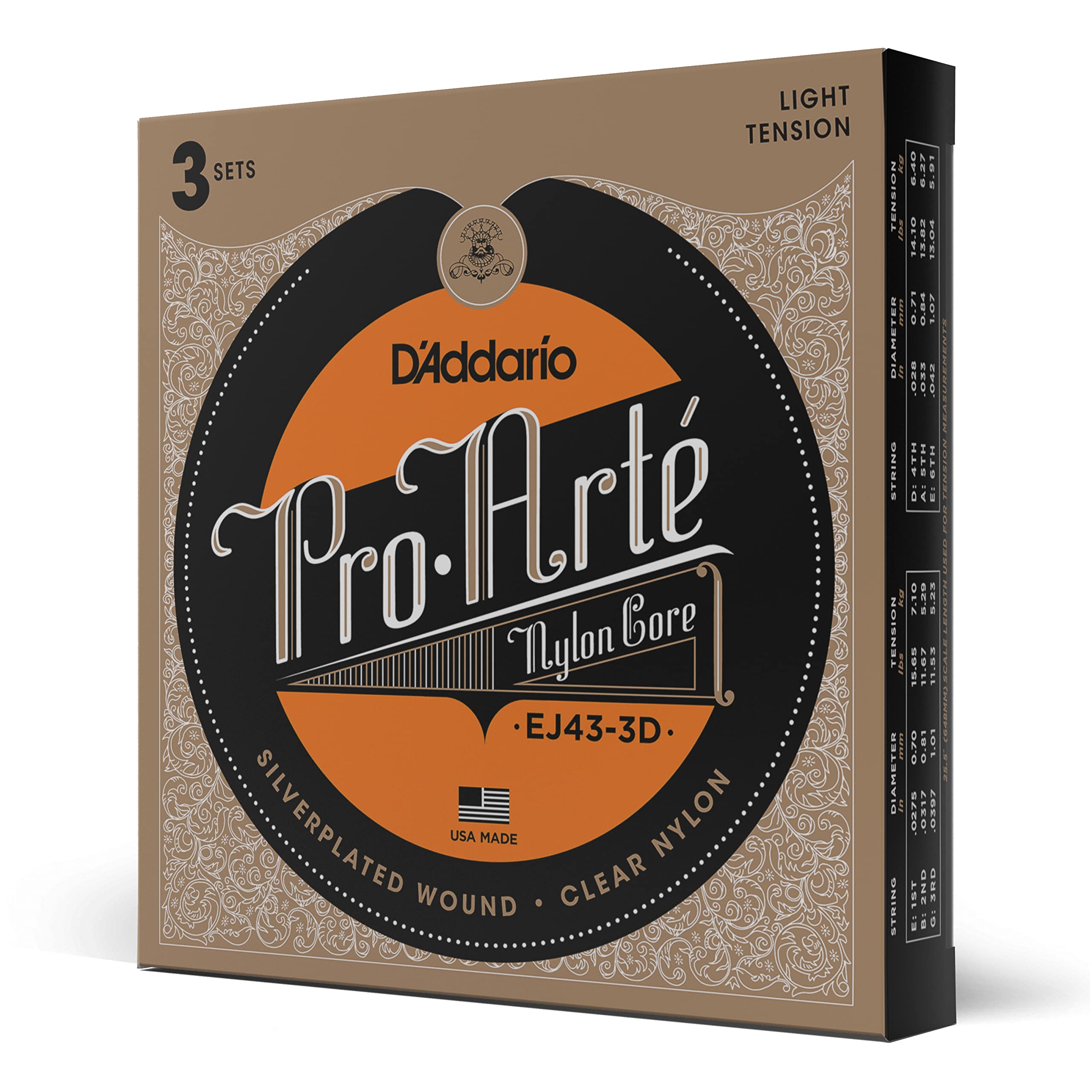D'Addario Guitar Strings - Pro-Arte Classical Guitar Strings - Ej43-3D - Nylon Guitar Strings - Silver Plated Wound, Nylon Core