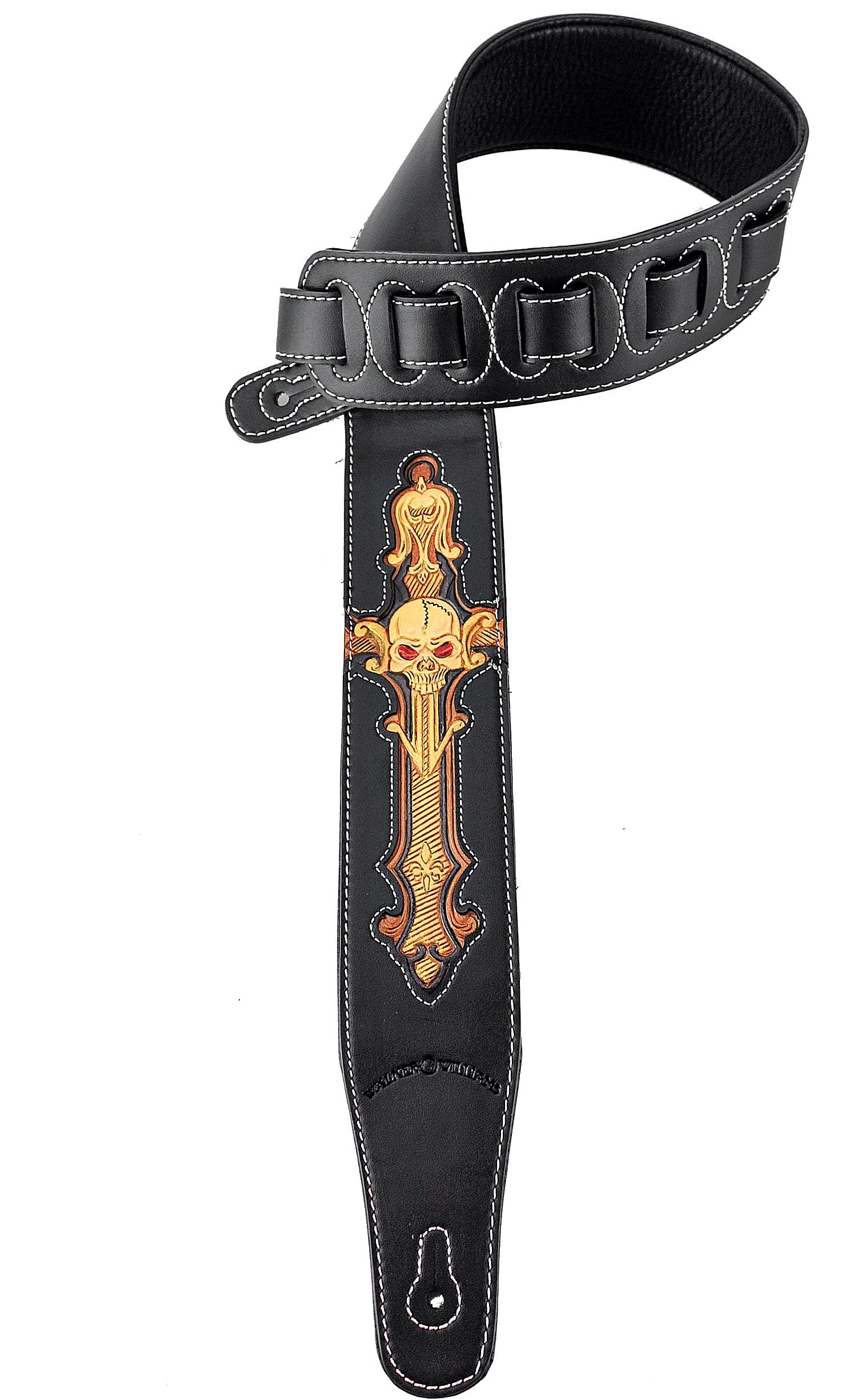 Walker & Williams CVG-24 Handmade Black And Gold Padded Guitar Strap With Hand Tooled Christian Cross And Skull Design For Acous