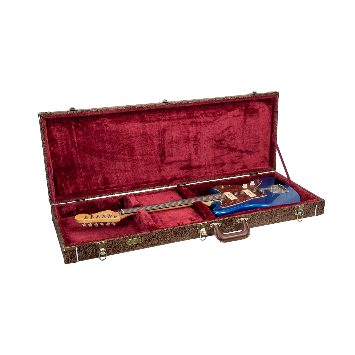 Crossrock Rectangular Wooden Electric Guitar Case For Jazzmaster & Jaguar | Chocolate Brown Finish, Burgundy Velvet Interior, Lo