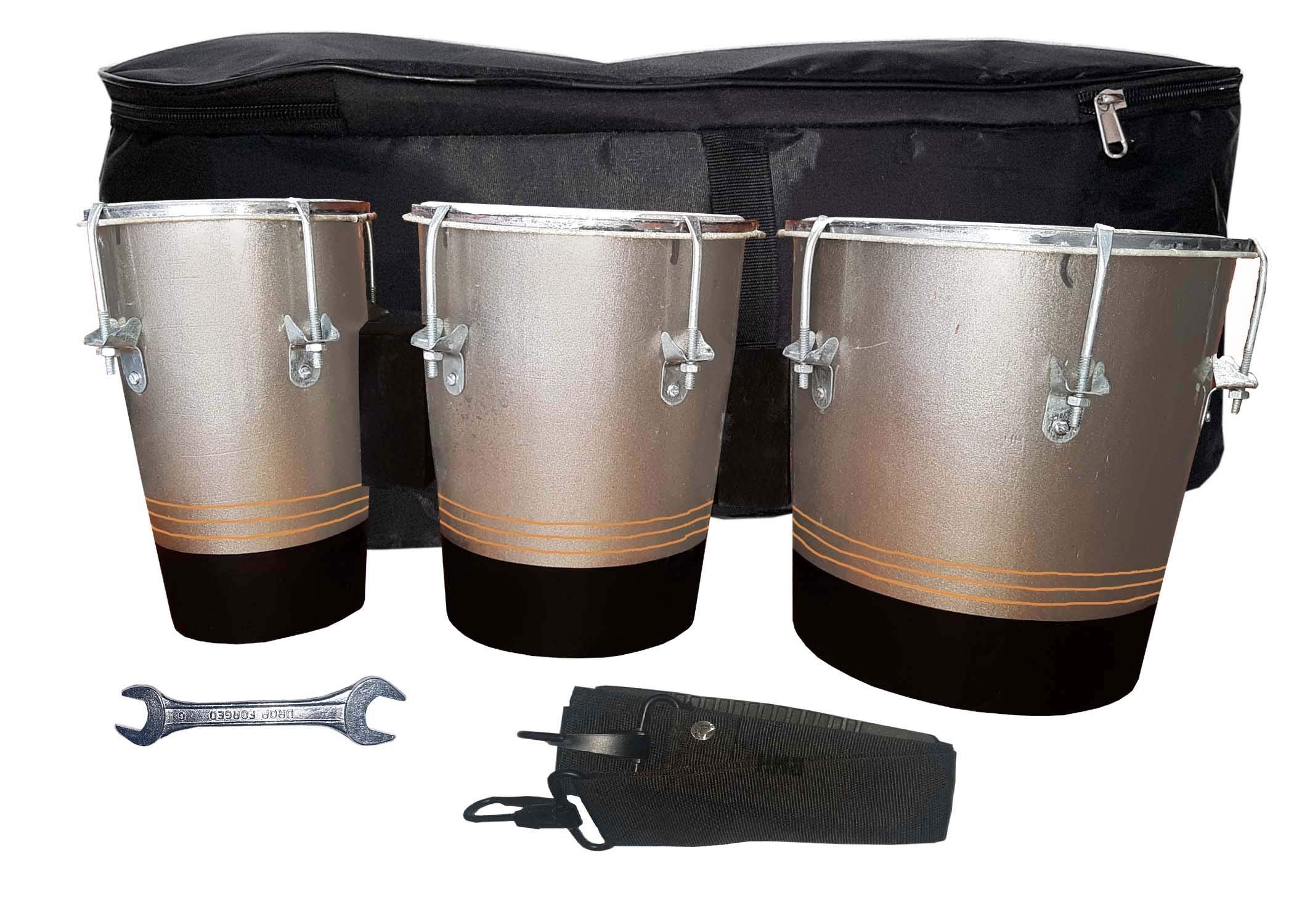 Gt Manufacturers Professional Three Piece Hand Made Wooden Bongo Drum Set With Tool Kit (Silver/Black)