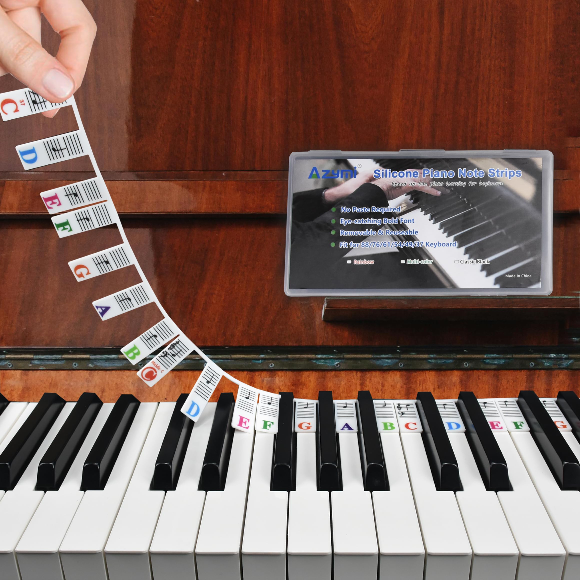 Azymi Piano Notes Guide for Beginners, Removable Keyboard Labels for 88/76/ 61/54/ 49/37 Keys Reusable Silicone Strips Black Lar