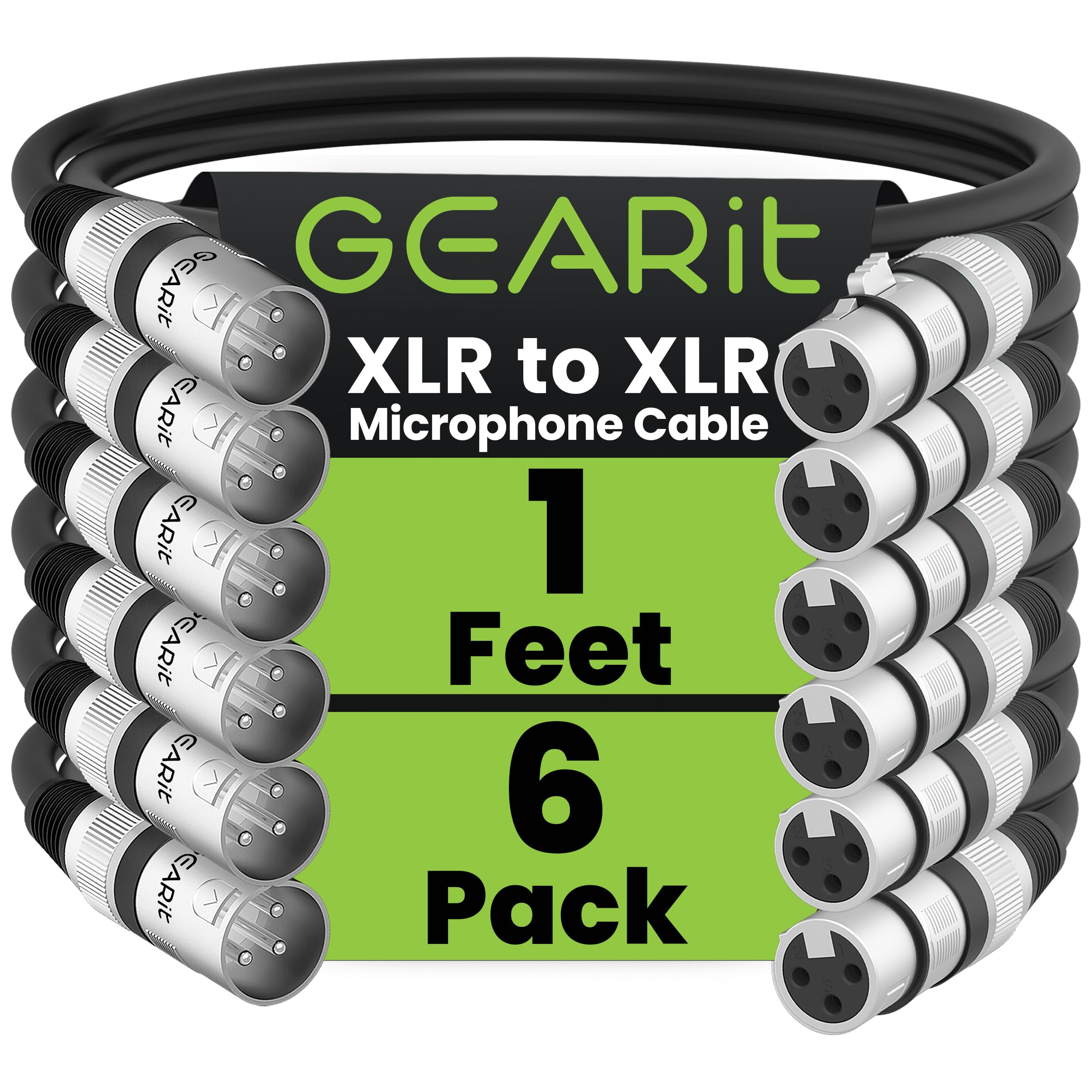 GEARit XLR Male to Female Microphone Cable (1 Feet, 6 Pack) 3-Pin Balanced Shielded Mixer, Recording Studio, Podcast - Black