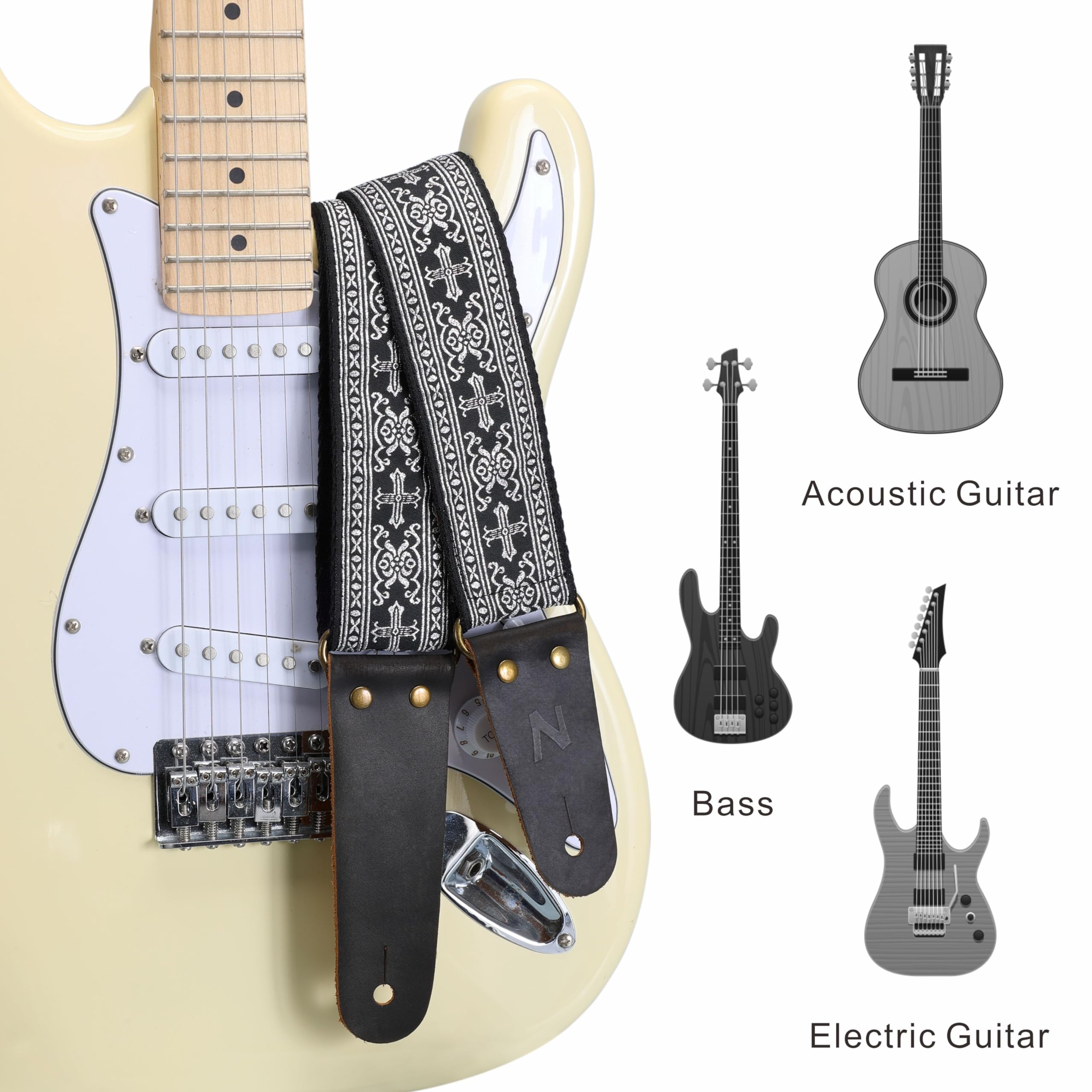 Nefelibata Guitar Strap, 2'' Cotton Embroidery Guitar Straps, Full Grain Leather Ends with Hidden Pocket, for Bass, Electric and