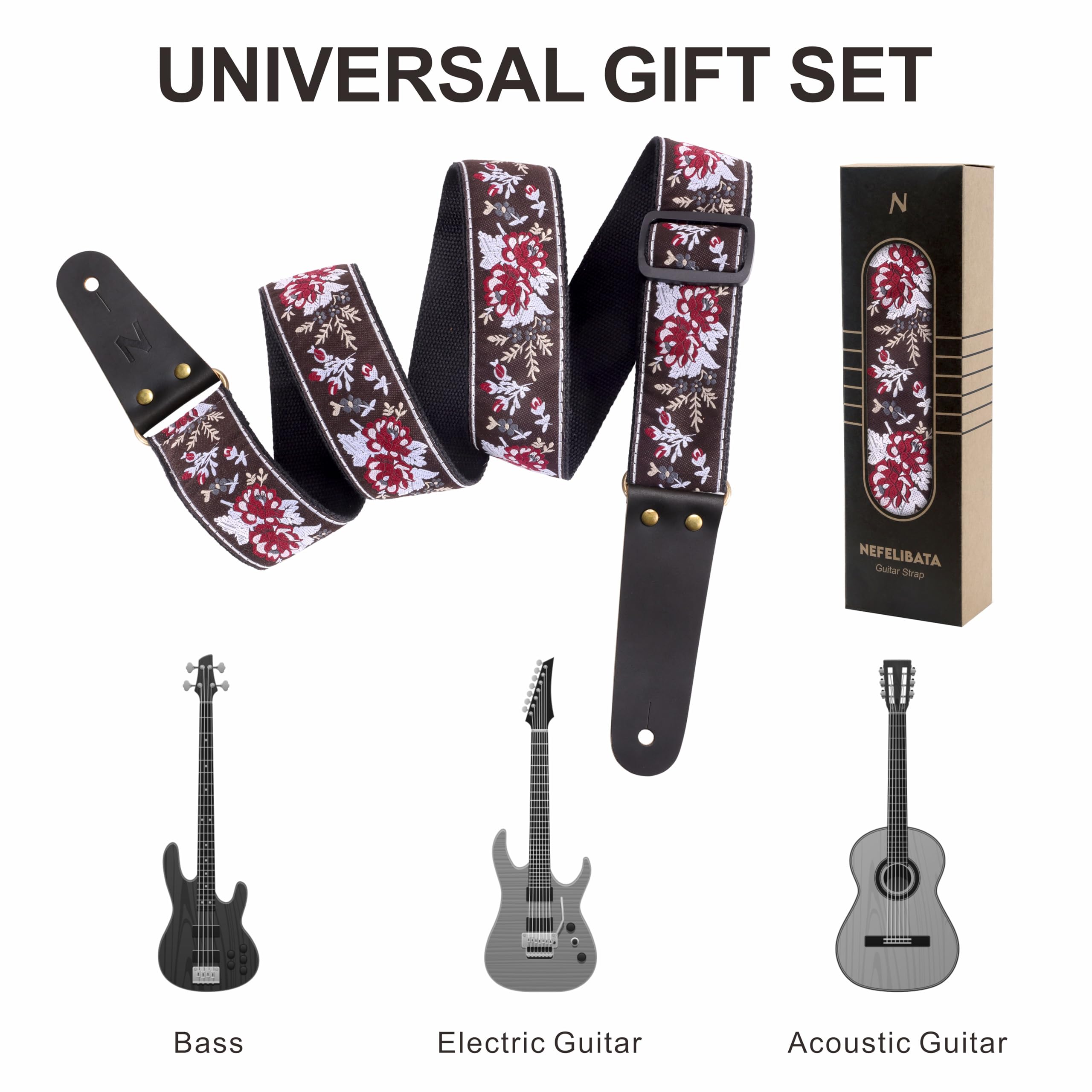 Nefelibata Guitar Strap, Cotton Guitar Straps with Head Cowhide Leather Ends for Bass, Electric & Acoustic Guitars, Free Strap B