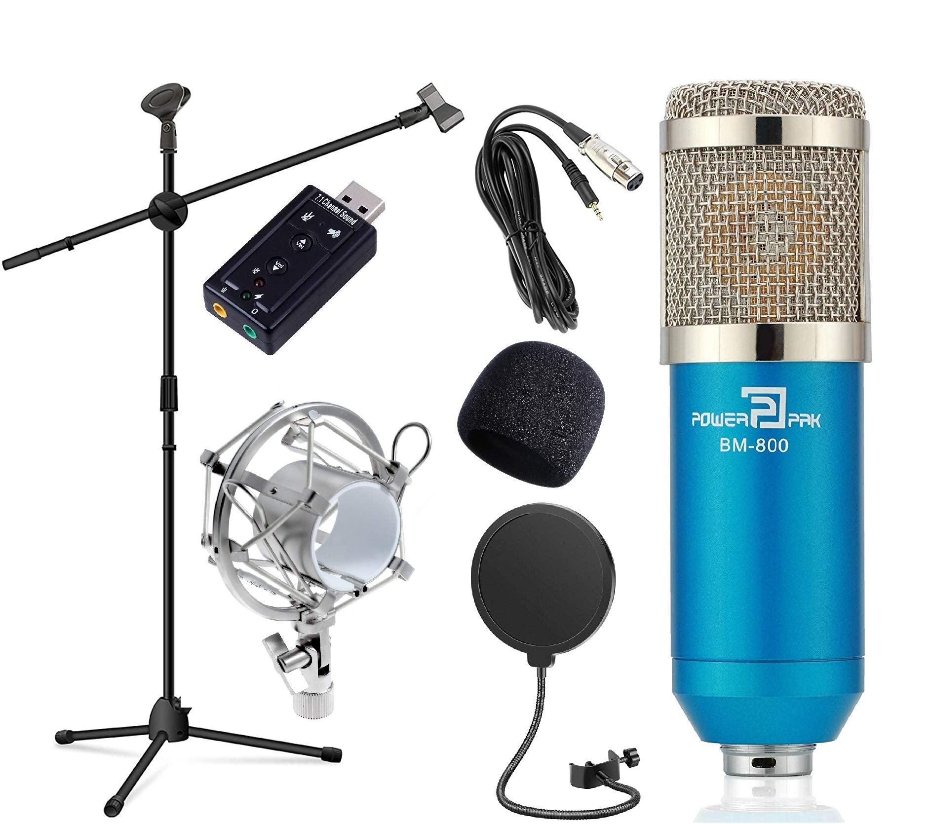Powerpak Bm-800 Blue Condenser Microphone With Microphone Stand Pop Filter Sound Card Shock Mount Foam Cap Xlr Cable | No Driver