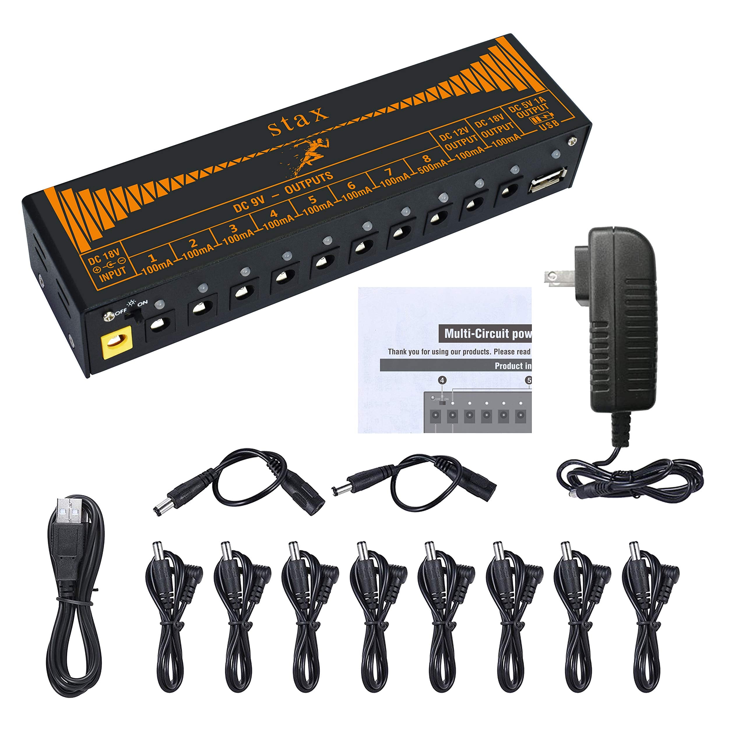Stax Guitar Pedal Power Supply 10 Isolated Dc Output For 9V/12V/18V Guitar Bass Effect Pedals With Usb Charging Port, With Dc 18
