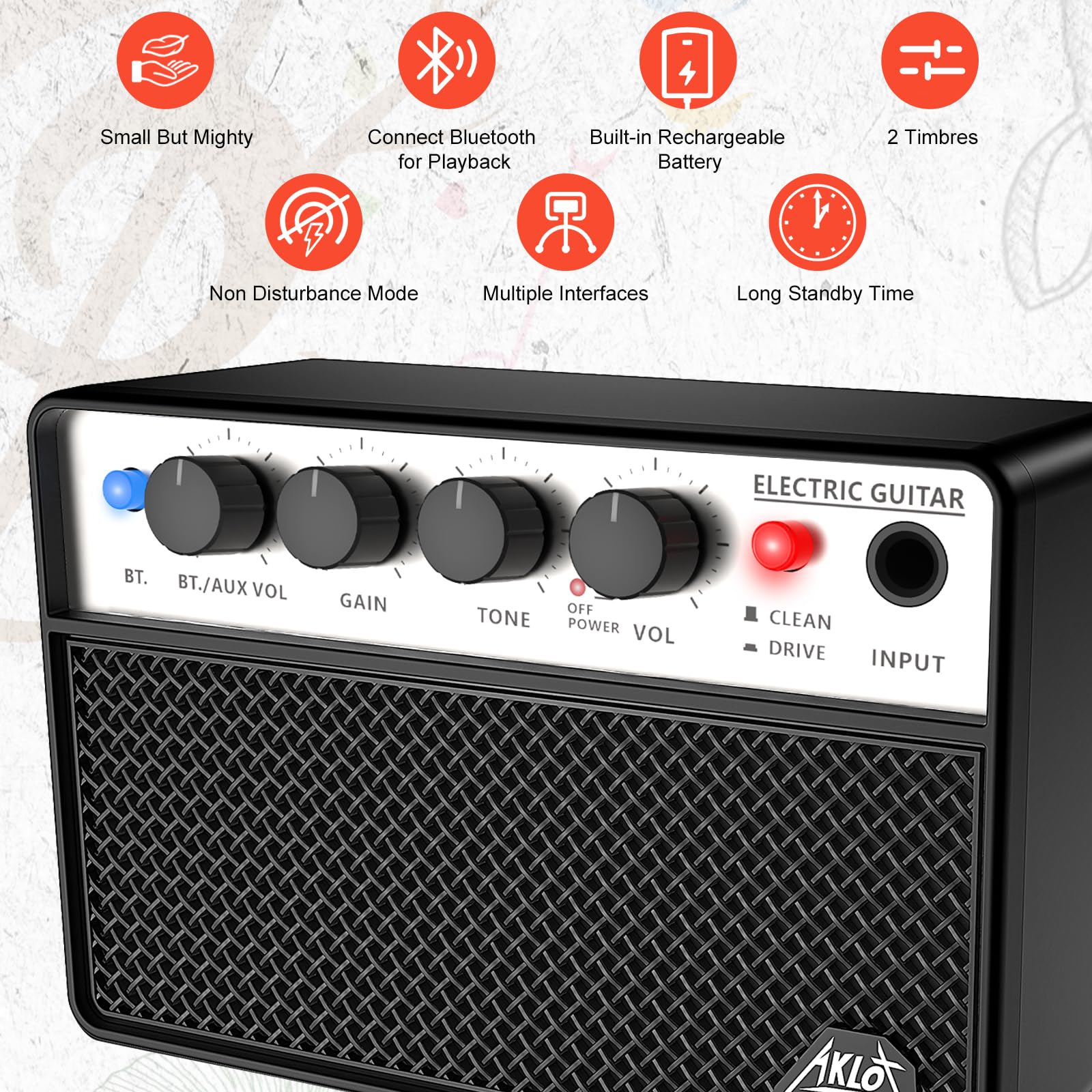 AKLOT Mini Bass Amp Small Bass Guitar Amplifier 10W Portable Recharged Electric Bass Amp BT Speaker with Dual Channel & Aux in J