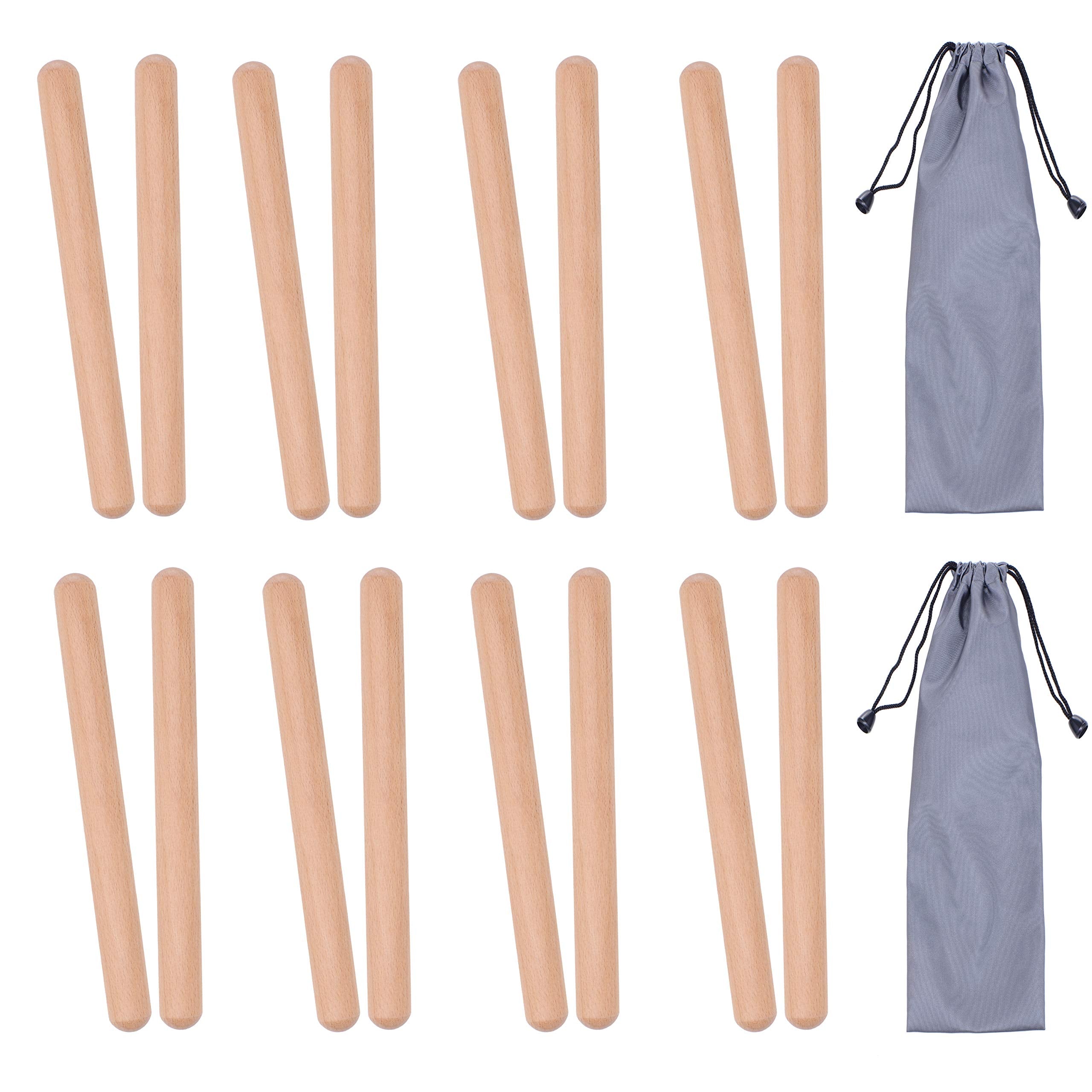 8 Pairs (16 Packs) Classical Wood Claves Musical Percussion Instrument, 8 Inch Natural Hardwood Rhythm Sticks with 2 Carry Bags 