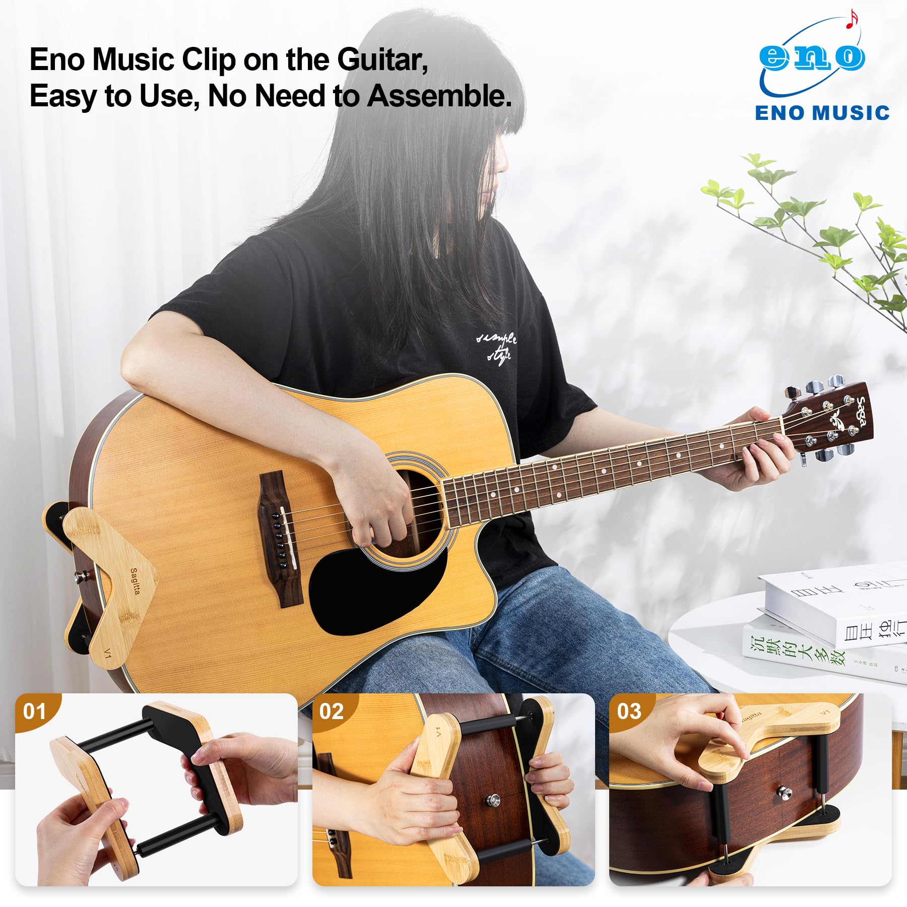 ENO MUSIC Portable Solid Wood Guitar Stand for Acoustic and Folk Guitars