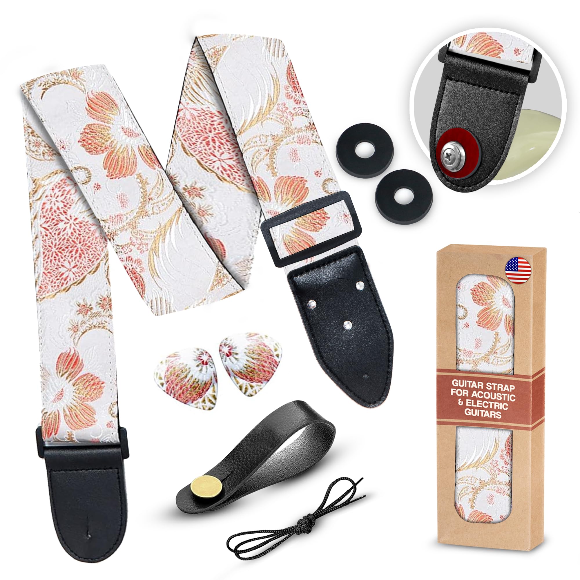 Guitar Strap For Acoustic Guitar , Electric Guitar And Bass Guitar, Adjustable Flowers Cotton Guitar Strap W/ Free Bonus 2 Picks