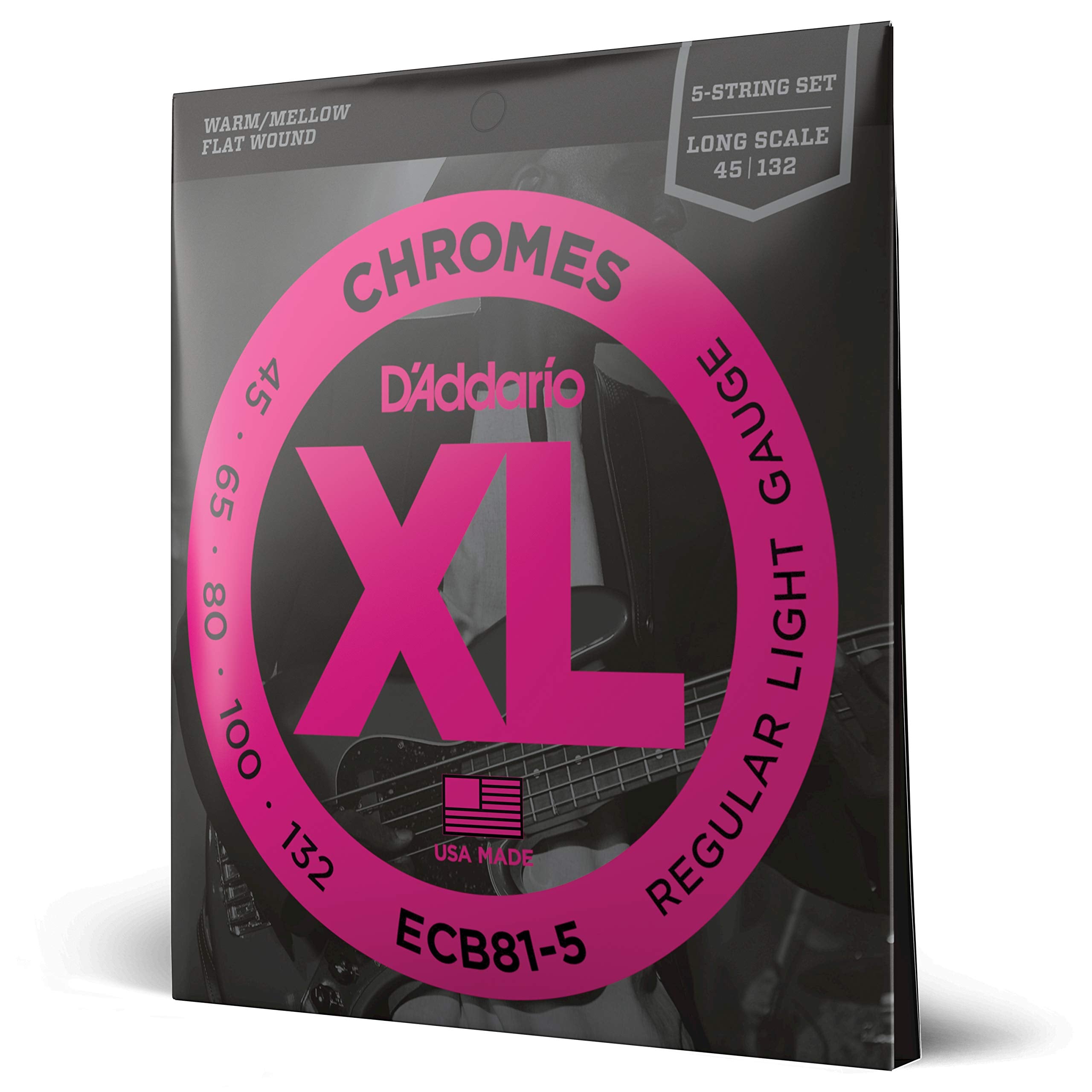 D'Addario Xl Chromes Flat Wound Bass Guitar Strings - Ecb81-5 - 5 String - Long Scale - Regular Light, 45-132