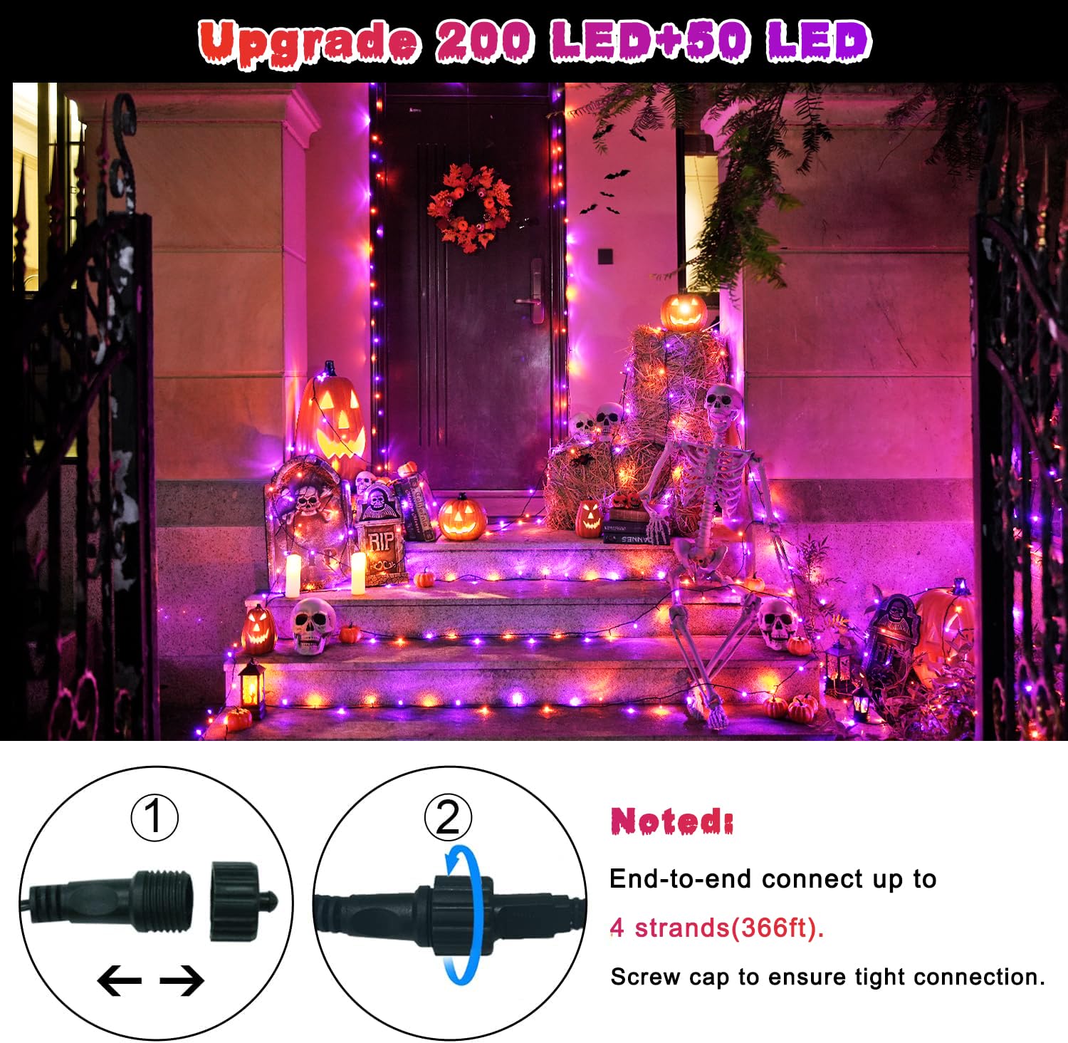 JMEXSUSS 250LED halloween string lights Outdoor Waterproof, 8 Lighting Modes orange and purple alternating dual-color fairy ligh