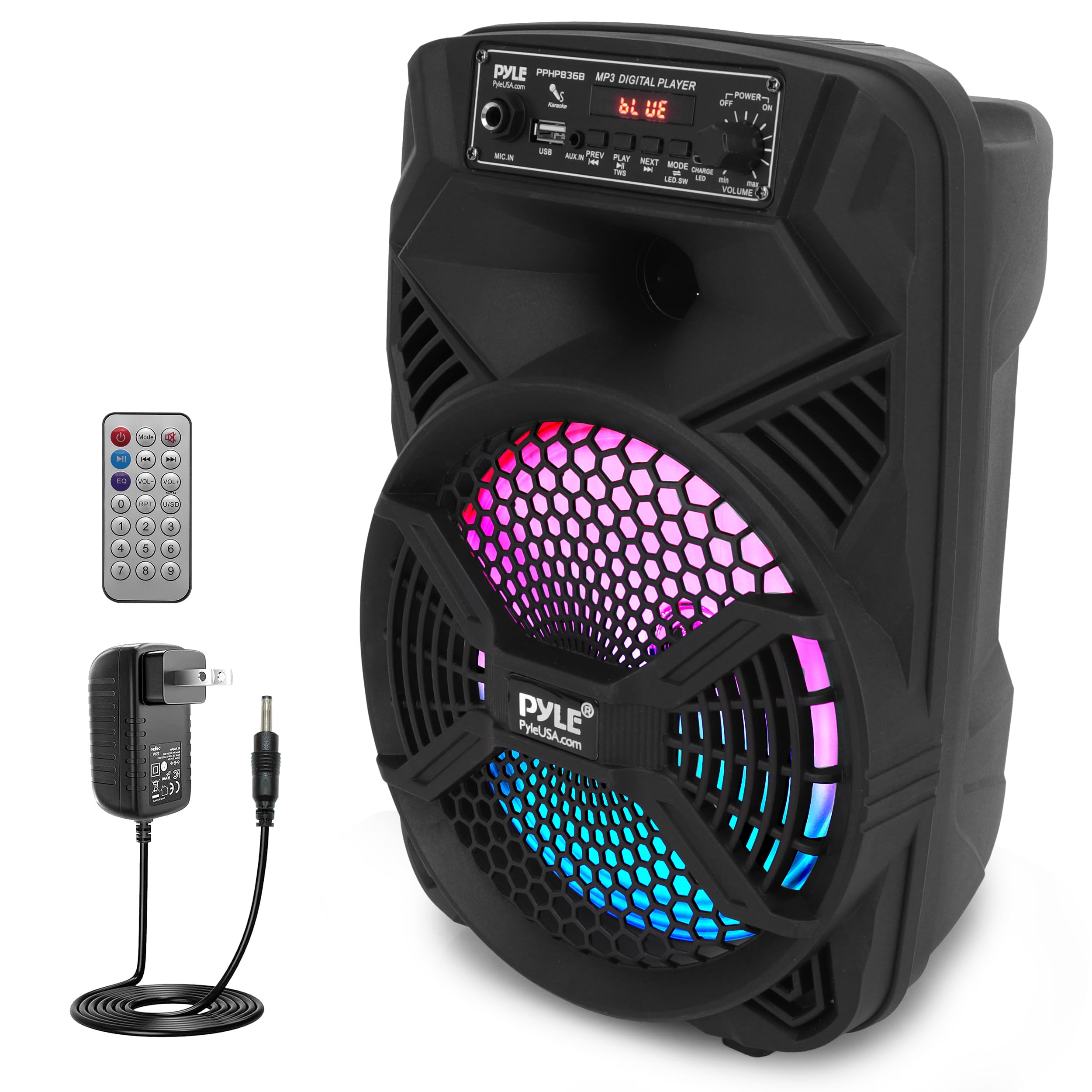 Pyle 8 Portable PA Bluetooth Speaker - 300W Max Power, Rechargeable Battery, Flashing LED Party Lights, MP3/USB/FM Radio, Aux In