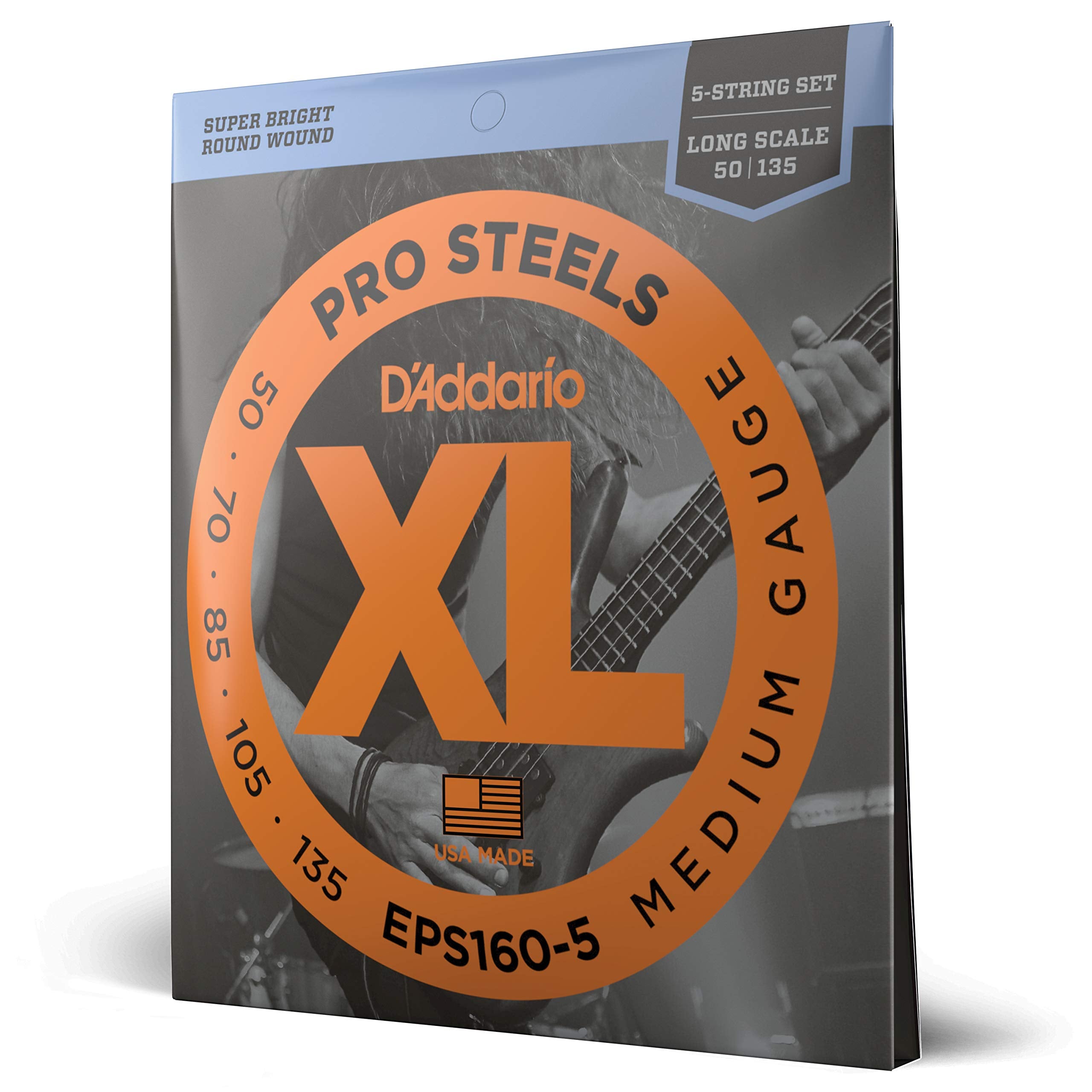 D'Addario Bass Guitar Strings, Xl Pro Steels, Eps160-5, Long Scale, Medium Gauge 50-135, 5-String Set, Pack Of 1