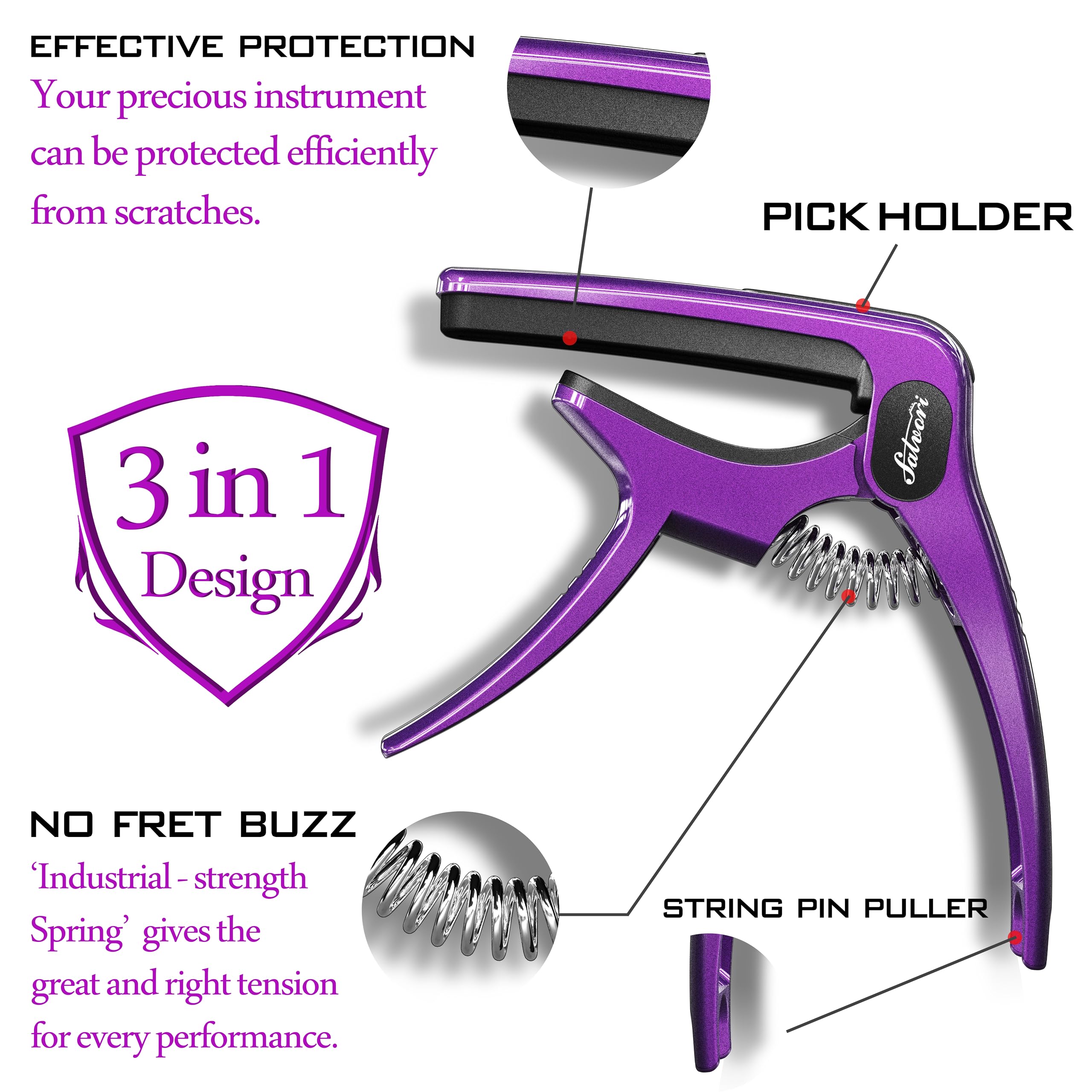 Salvori Exclusive Gradient Royal Silk Purple Heavy-Duty Guitar Capo for Acoustic/Electric Guitar with 4 Picks, Guitar Clip/Guita