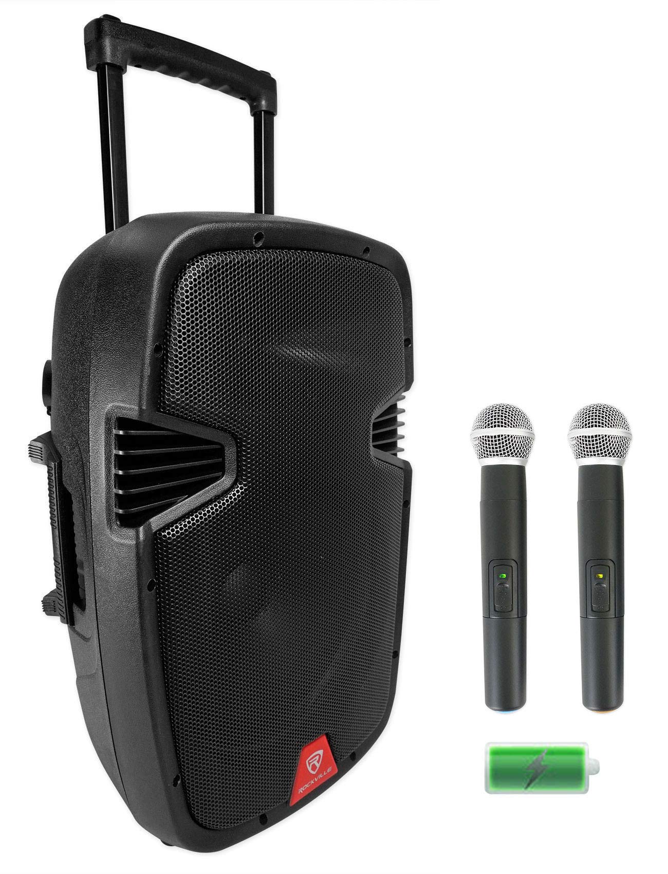 Rockville RAM12BT V2 600W 12 Powered PA Speaker, Bluetooth, 2 Wireless Mics, Rechargeable Battery, Portable, Durable, for DJs an
