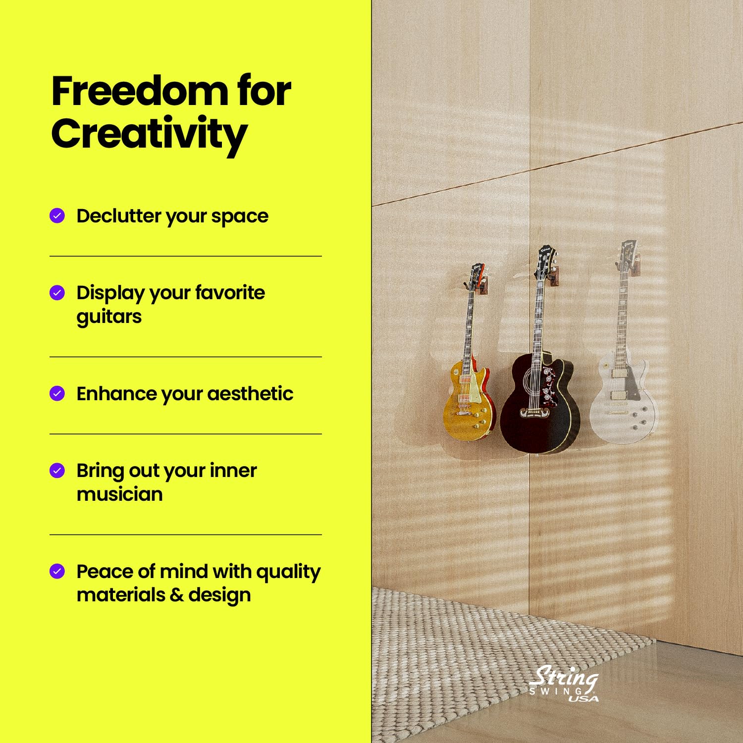 String Swing Guitar Wall Mount 2 Pack, Guitar Hangers, Wall Guitar Mount, Guitar Holder Hook for Wall, Fits All Size Guitars, Ac