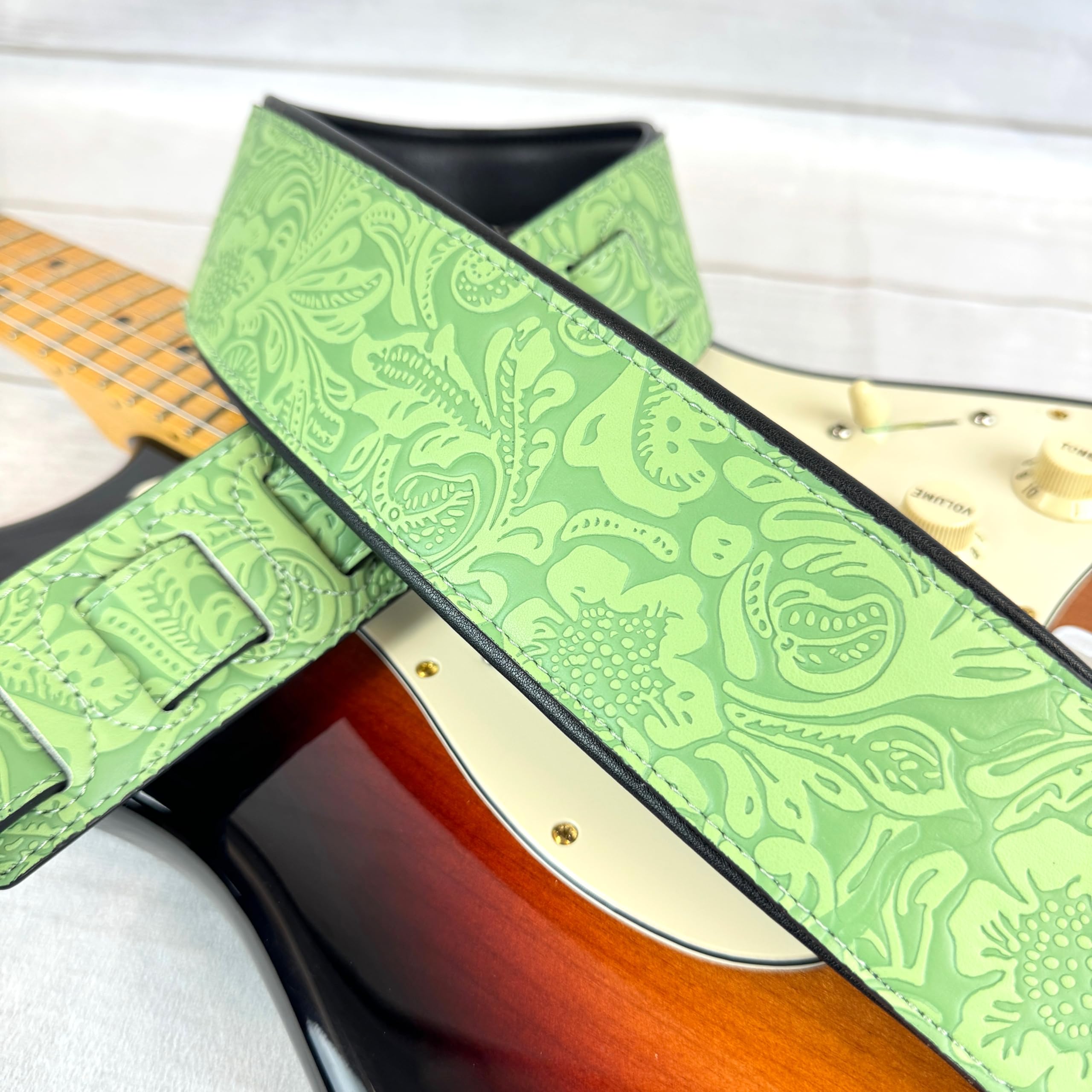 Walker And Williams G-977 Sea foam Green Embossed Guitar Strap with Western Sheridan Design And Padded Glove Leather Back For Ac