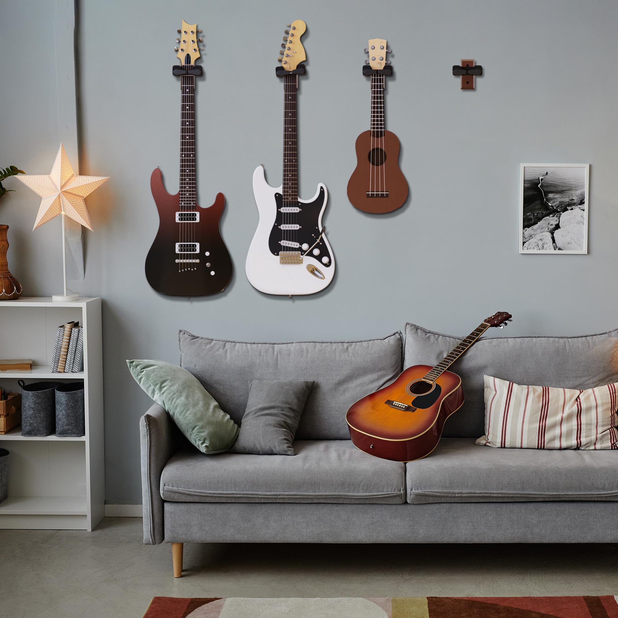 Guitar Wall Mount Hanger, Hard Wood Base Guitar Hook Auto Locking for Acoustic, Classical, Electric, Bass Guitars, Ukuleles, 2 P