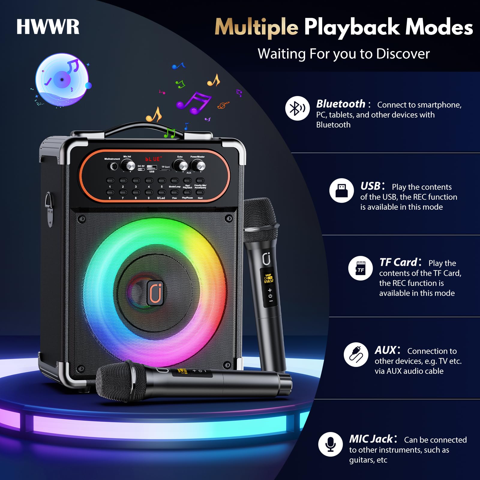 HWWR Karaoke Machine with 2 Microphones, Portable Bluetooth 5.3 Karaoke Speaker for Outdoor Events,Gatherings and Parties, PA Sy