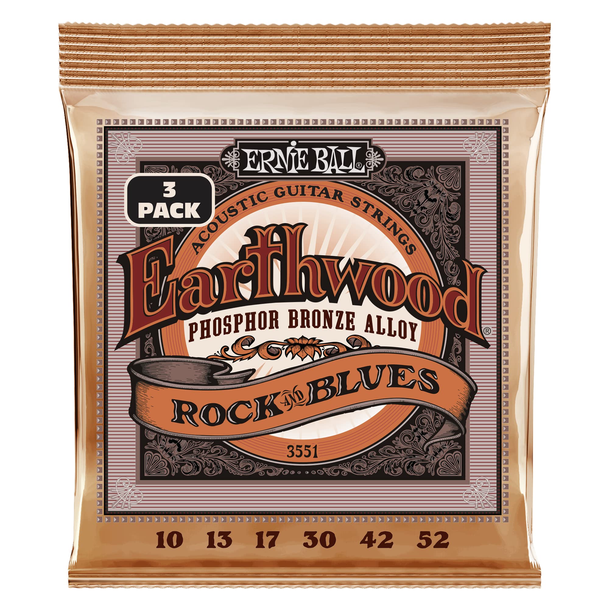 Earthwood Rock And Blues, With Plain G, Phosphor Bronze Acoustic Guitar Strings 3 Pack, 10-52
