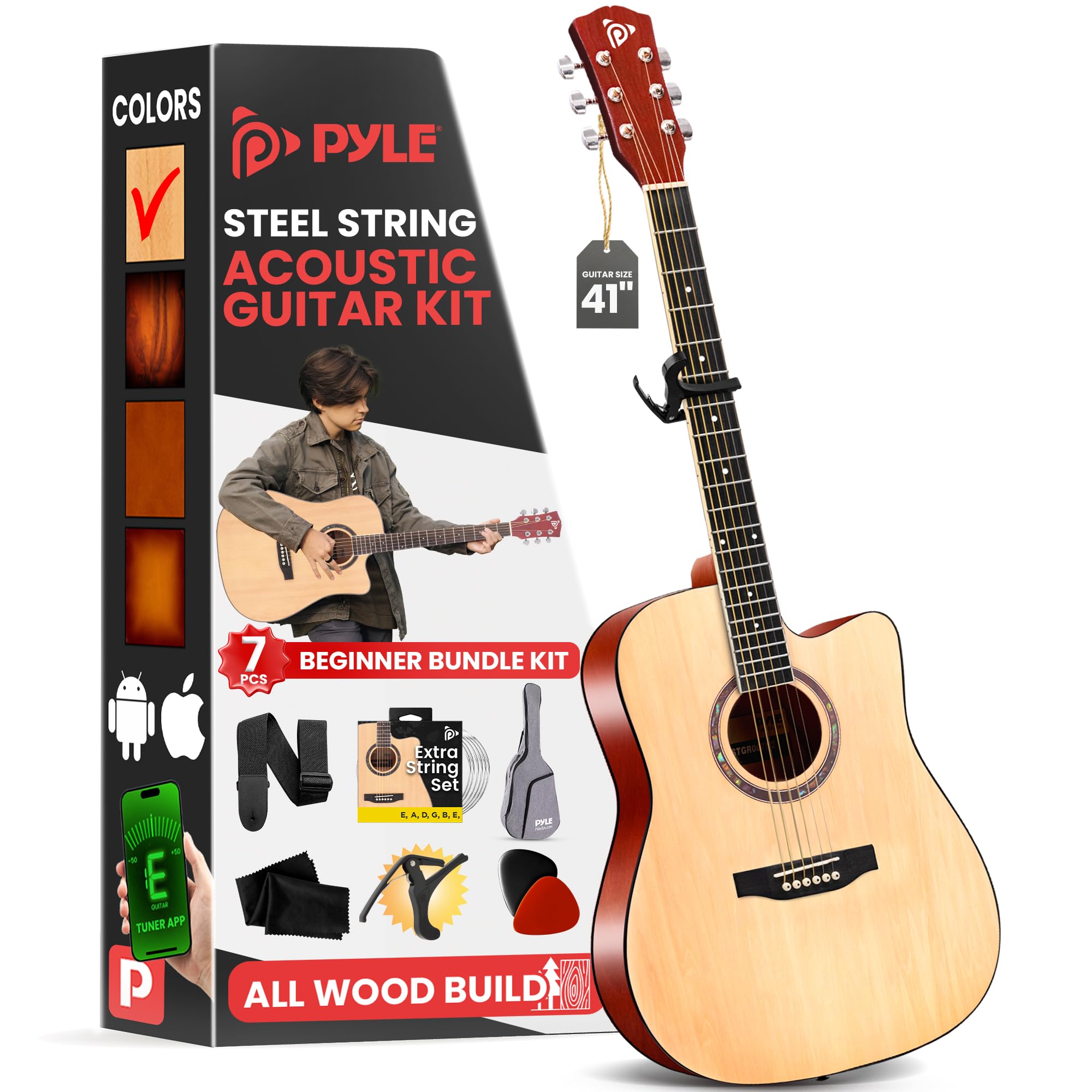 Pyle Beginner Cutaway Acoustic Guitar Kit, 4/4 Full Size All Wood Dreadnought Stringed Instrument With Gig Bag, Steel Strings, P