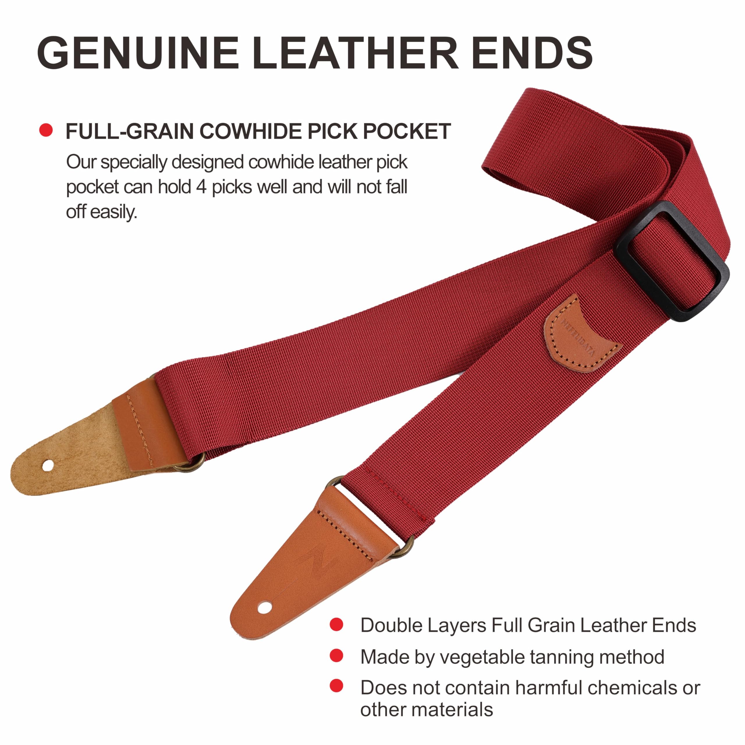 Nefelibata Guitar Strap with Pick Pocket, Vintage Nylon Full Grain Leather Ends Guitar Straps for Bass, Electric & Acoustic Guit