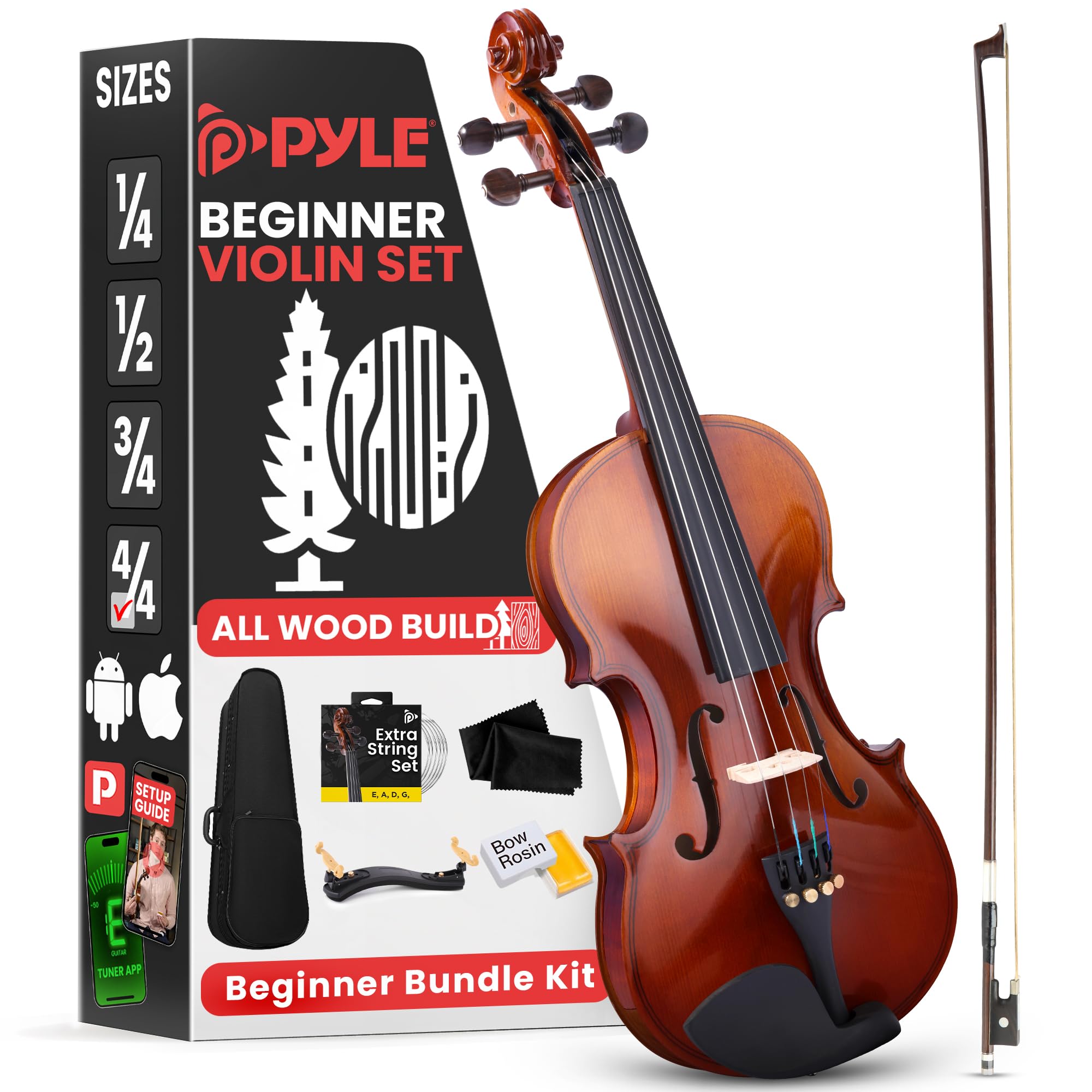 Pyle Full Size Beginner Violin Starter Kit, Violin Starter Package with Travel Case & Bow, Extra Strings, Digital Tuner, Shoulde