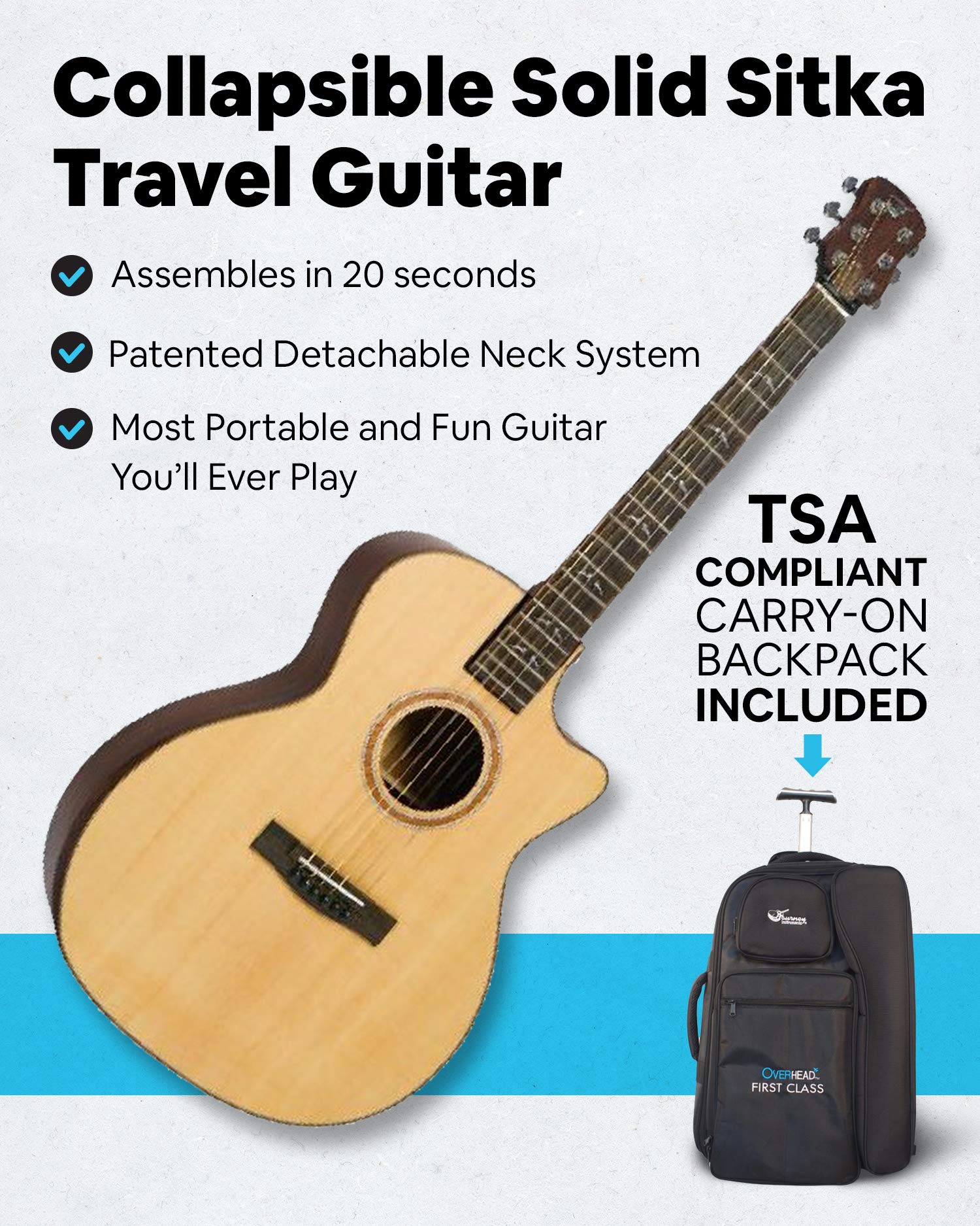 Journey Instruments Solid Sitka Travel Guitar - FF412C Traveling Acoustic-Electric Collapsible Grand Auditorium Guitar - Portabl