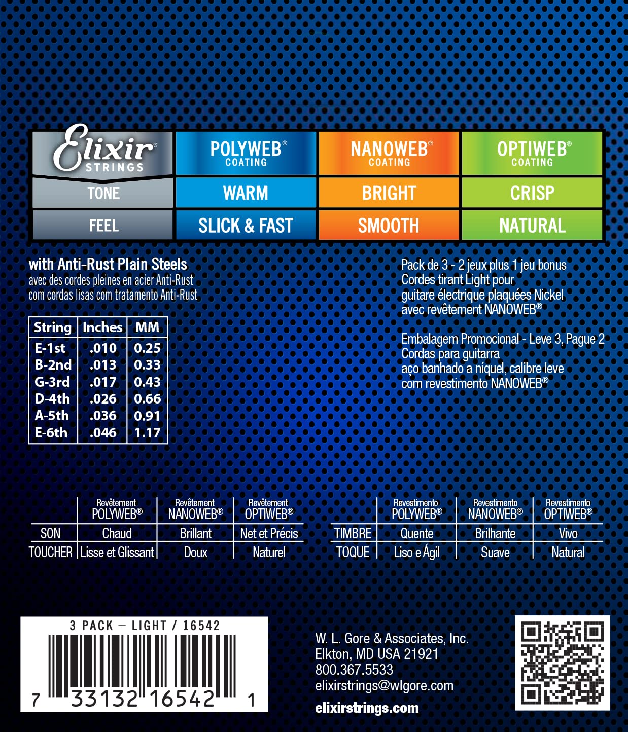 Elixir Strings 16542 Electric Guitar Strings with NANOWEB Coating, 3 Pack, Light (.010-.046)