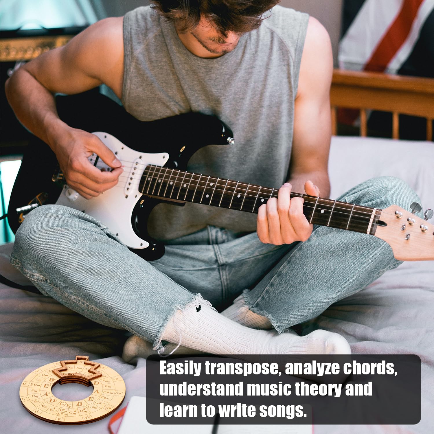Wooden Melody Tool, Circle Of Fifths Chord Wheel Wooden Chord Wheel Music Transpose Tool Music Chord Wheel for Guitar, Bass, Pia