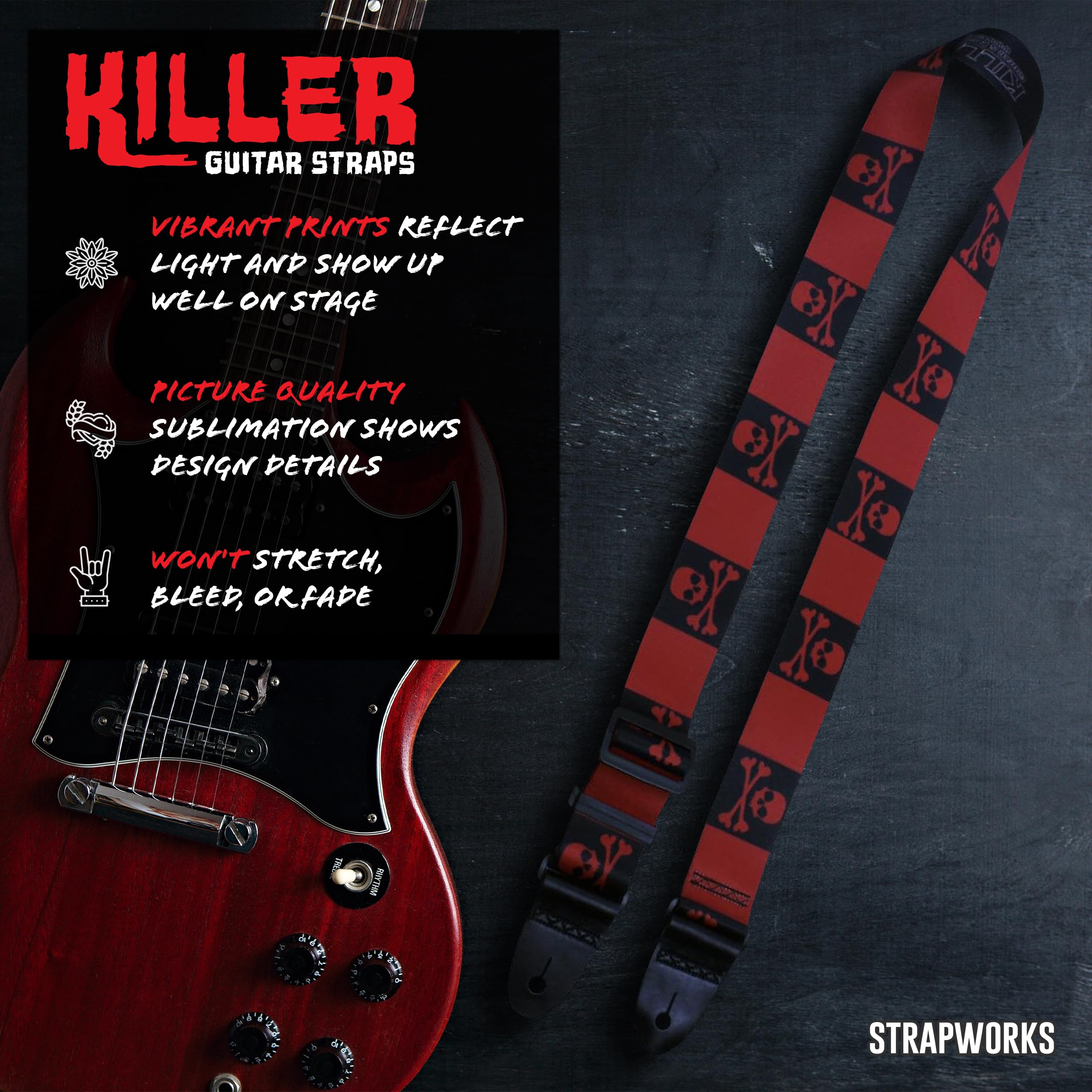 Killer-Q Guitar Strap - Stylish Straps for Electric and Acoustic Guitars With Leather Tabs, 2 Inches x 5 Feet, Jolly Roger Red