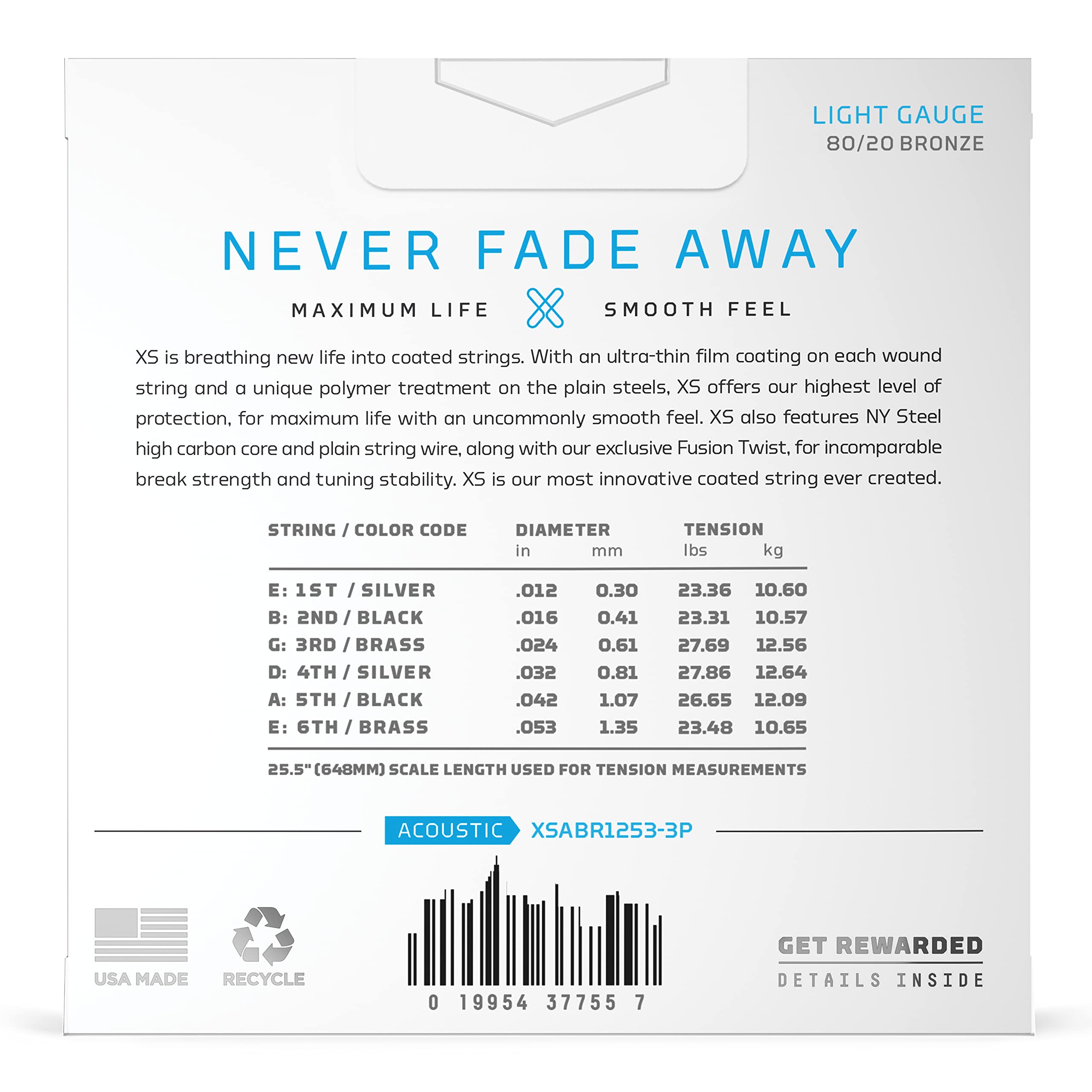 D'Addario Acoustic Guitar Strings, XS 80/20 Bronze Coated, XSABR1253-3P, Light Gauge 12-53, 6-String Set, Pack of 3