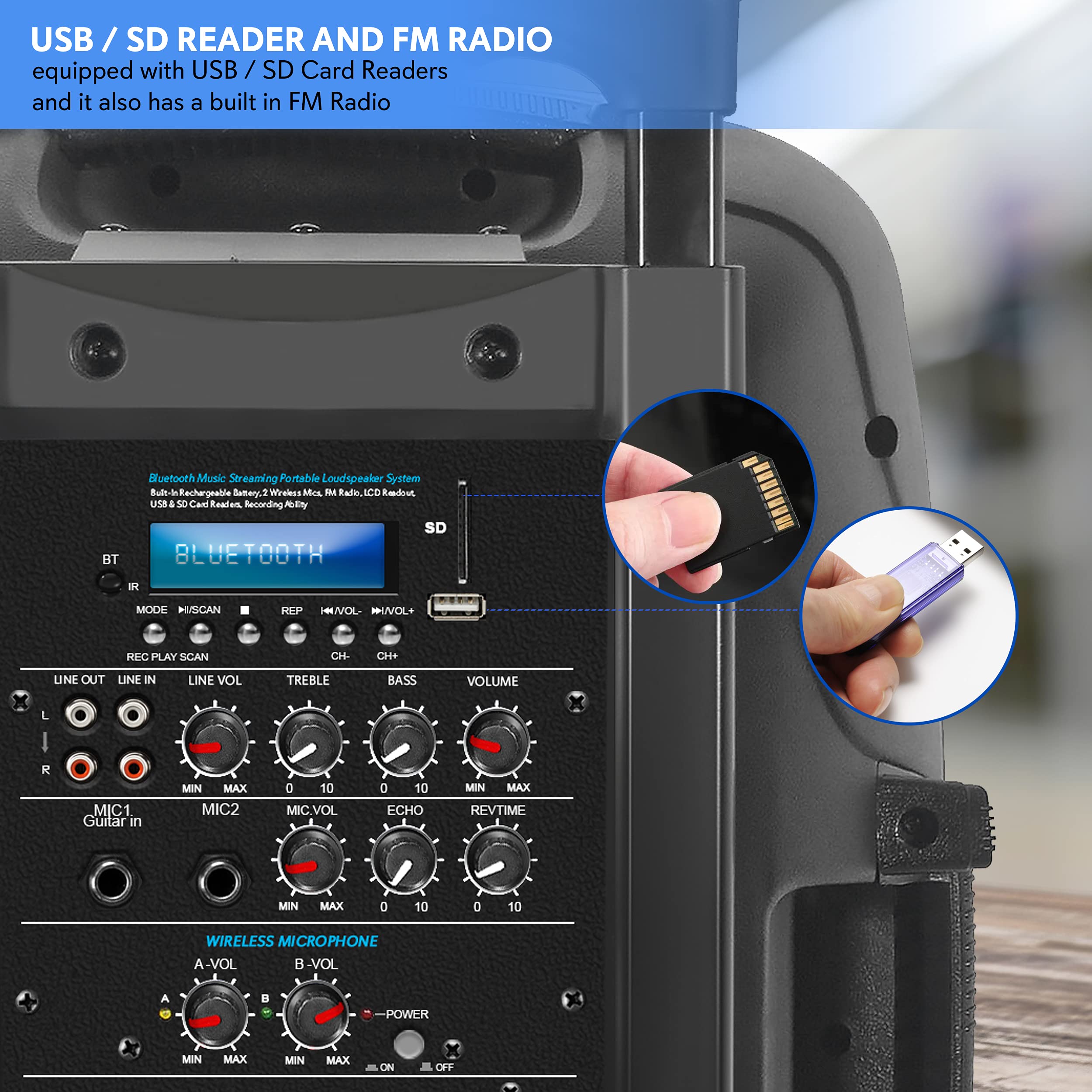 Pyle 1000 Watt, 12'' Bluetooth PA Speaker - Indoor / Outdoor Portable Sound System with (2) UHF Wireless Microphones, Rechargeab