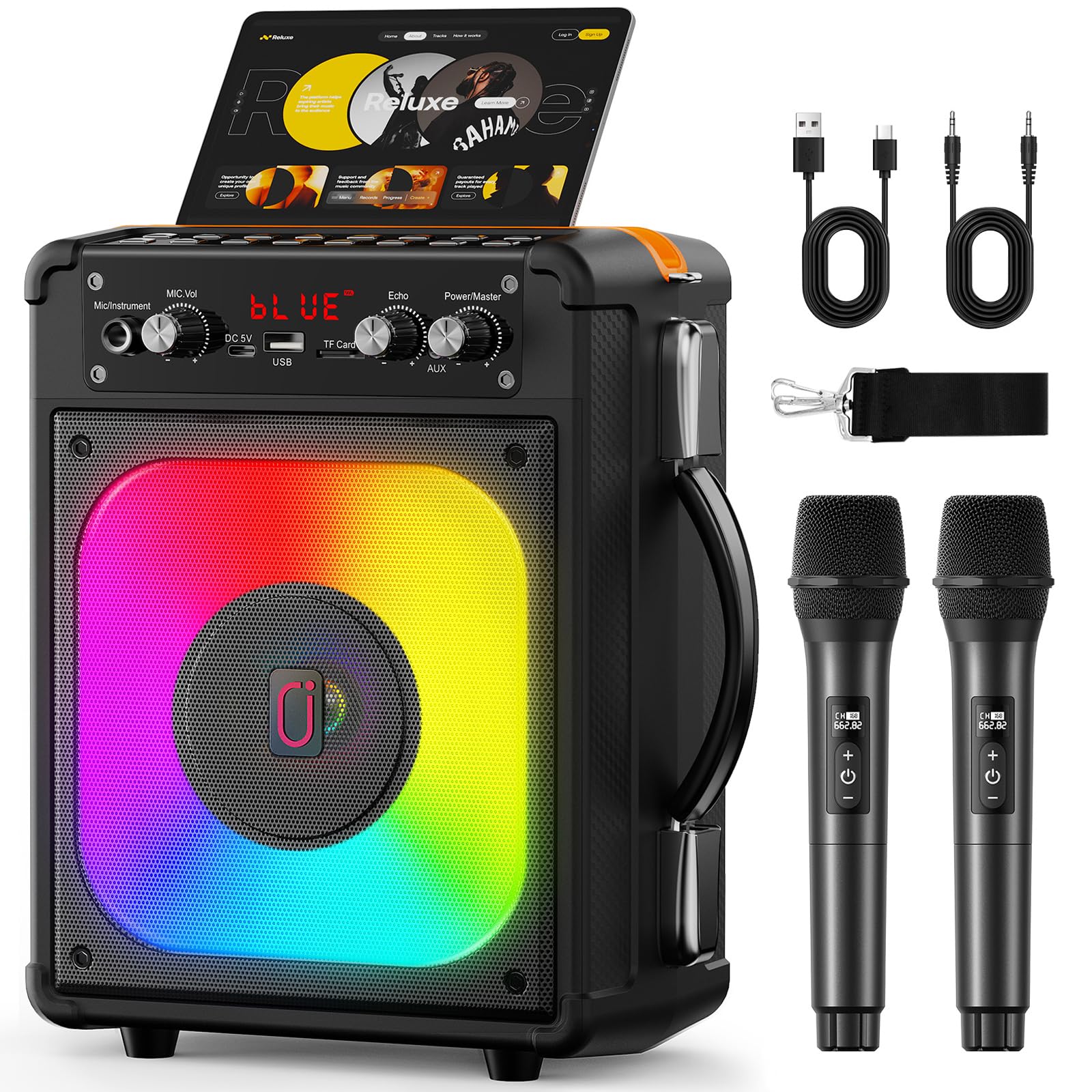HWWR Karaoke Machine, Portable Bluetooth Speaker with 2 Wireless Microphones for Adults & Kids,Singing Machine for Parties and G