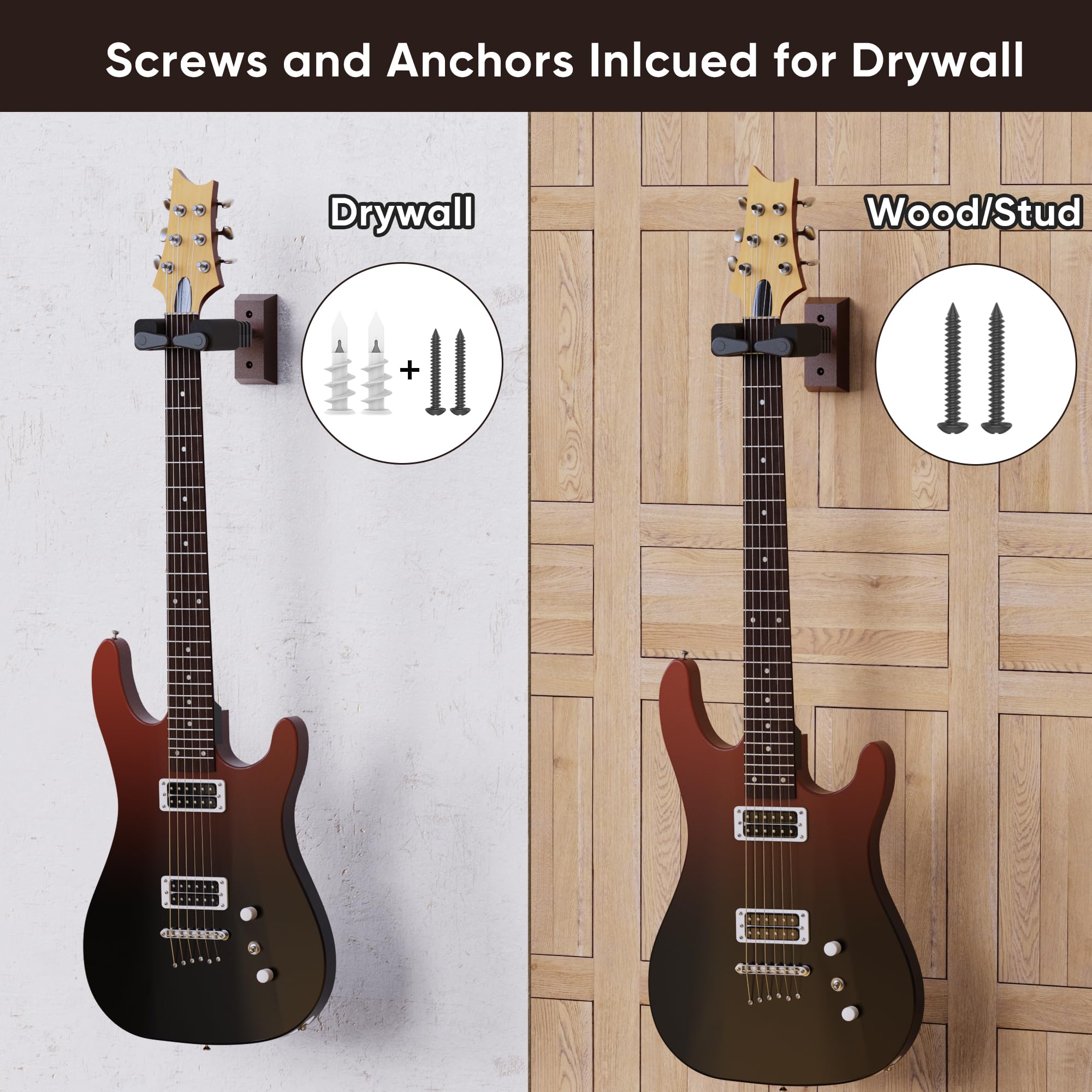 Guitar Wall Mount Hanger, Hard Wood Base Guitar Hook Auto Locking for Acoustic, Classical, Electric, Bass Guitars, Ukuleles, 2 P