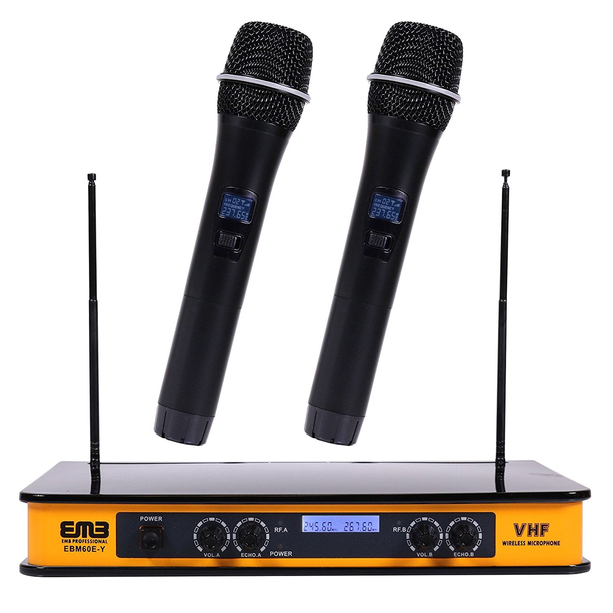 Emb - Ebm60E Yellow Vhf Dual Wireless Handheld Microphone System With Echo Feature. Great For Karaoke, Dj, Pa, Presentation, Liv