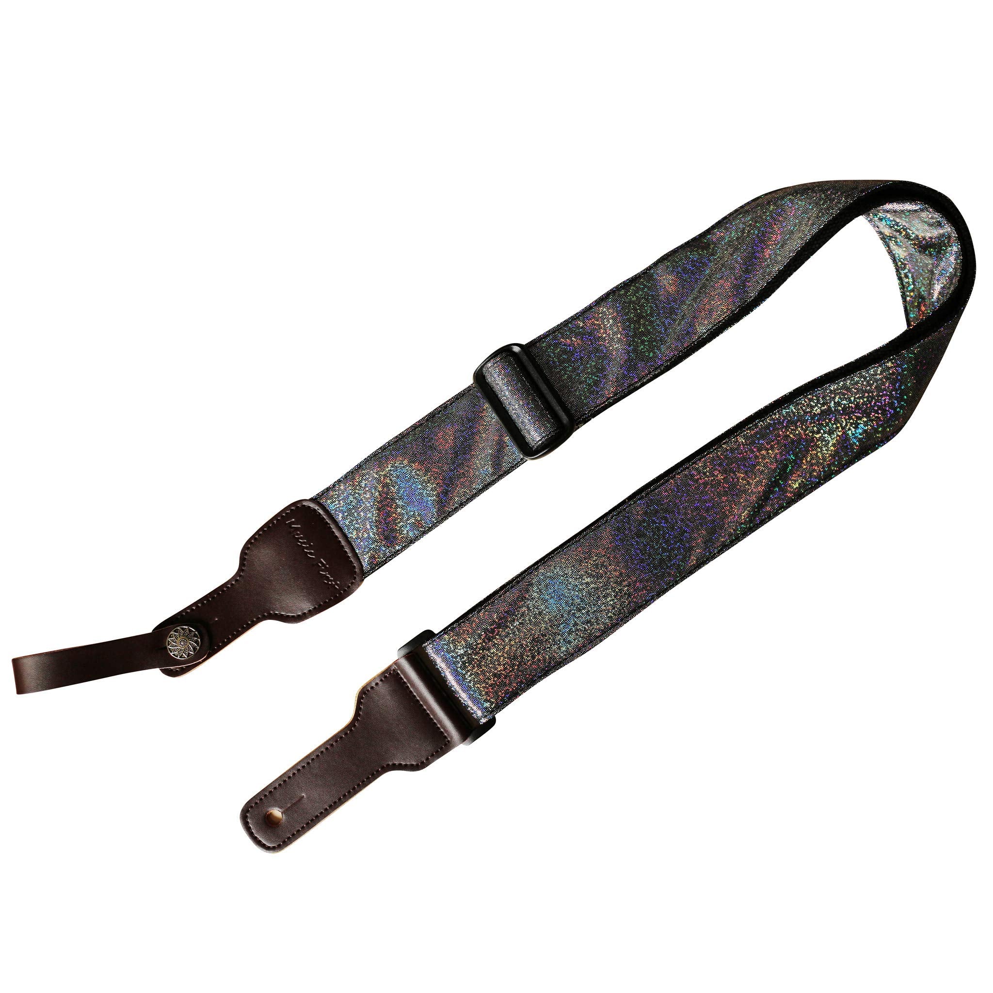MUSIC FIRST Original Design Metallic Sparkle Delux Shining Guitar Strap, Ukulele Strap, Mandolin Strap, Stage Strap. (Black)