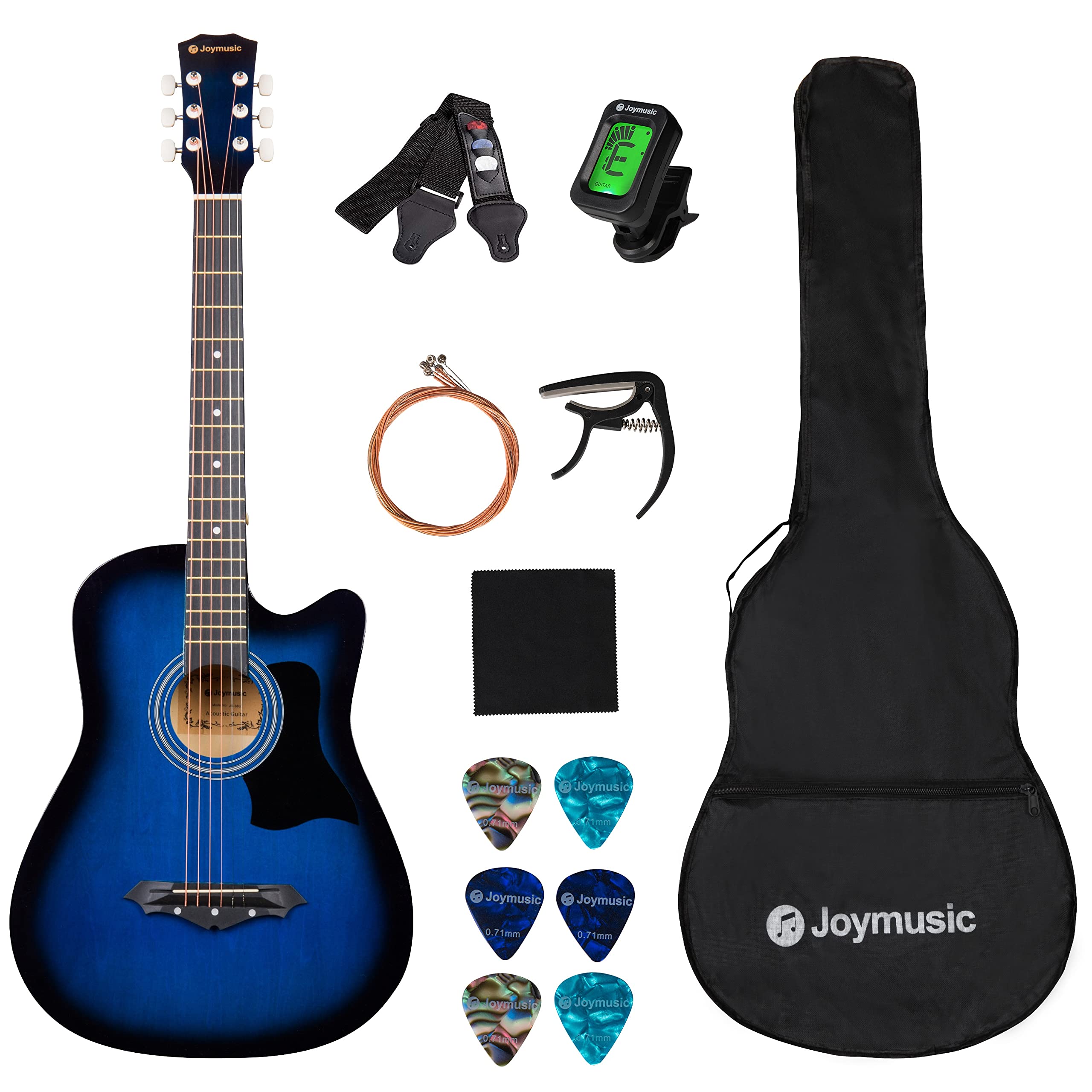 Joymusic 38 Inch Blueburst Beginner Acoustic Guitar Kit,Bundle With A Strap With Picks Holder,Digital Tuner, Set Strings, Capo,C