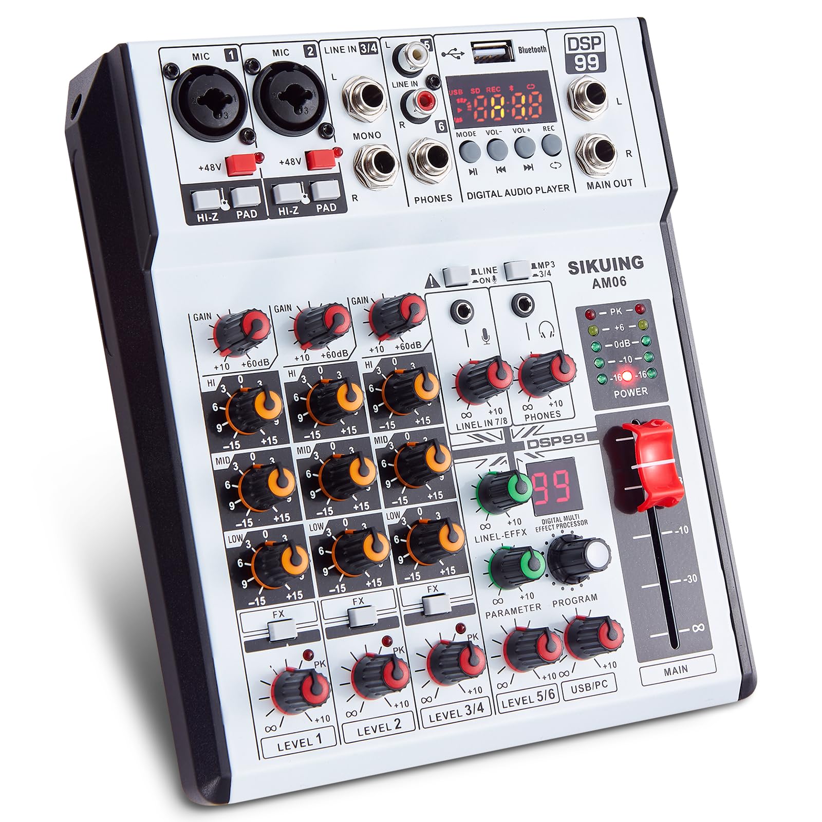 Sikuing 6 Channel Audio Mixer Professional Sound Board Console W/99 Dsp Effects 48V Phantom Power Bluetooth Usb Interface Stereo